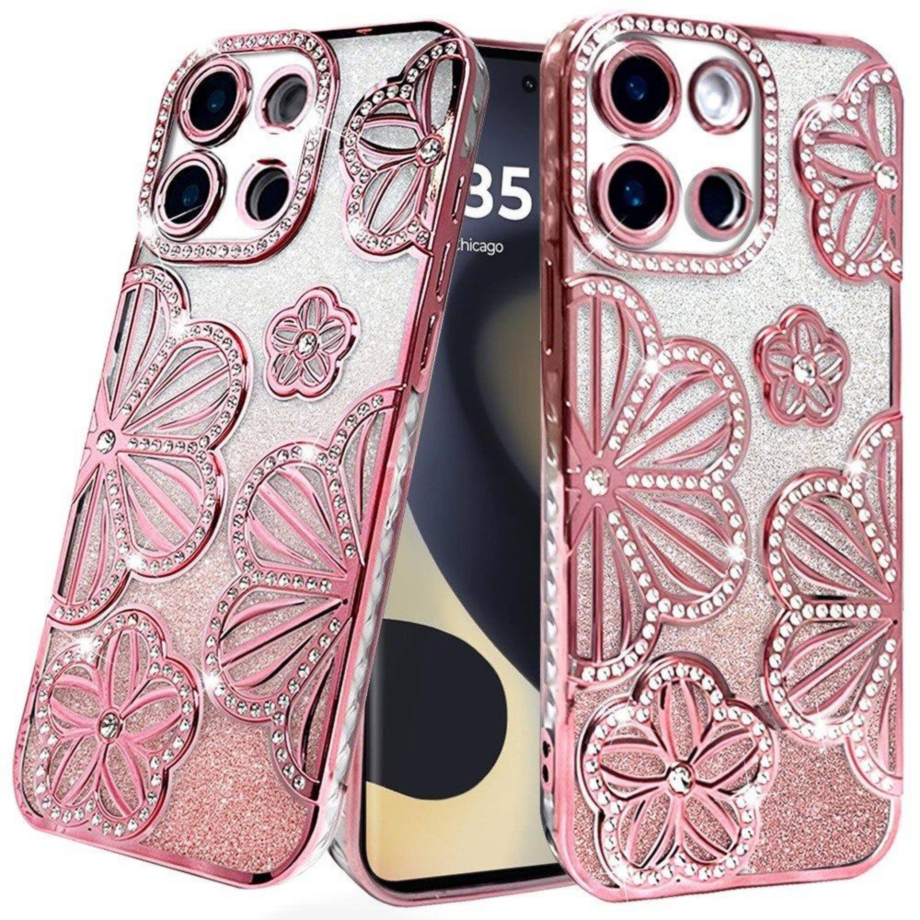 Angle. Kitcheniva - Bling Floral 3D Glitter Rhinestone Phone Cover For Motorola Edge 2025 Rose Gold - Rose Gold.