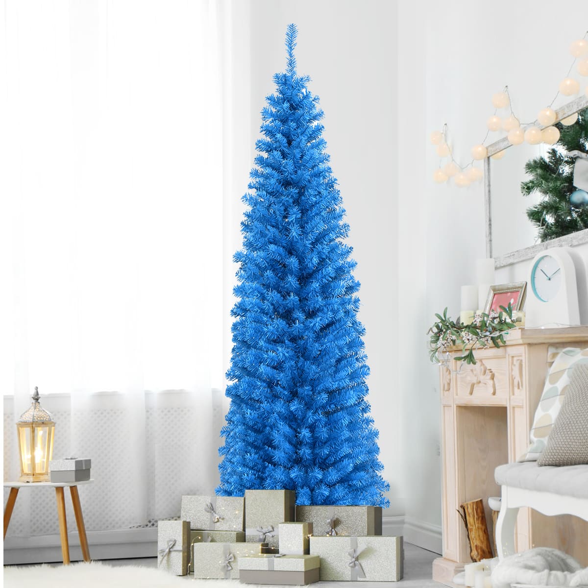 Gymax - 6ft Pencil Artificial Christmas Tree Electroplate Pencil Tree - Blue