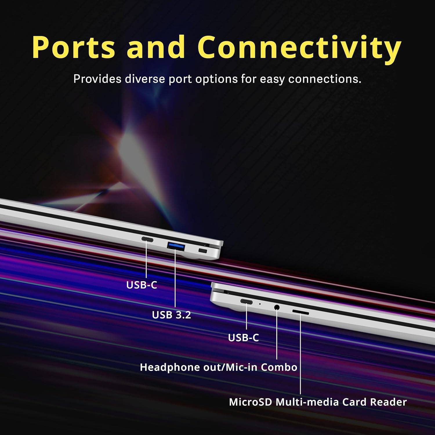 Ports and Connectivity  
Provides diverse port options for easy connections.  

- USB-C  
- USB 3.2  
- USB-C  
- Headphone out/Mic-in Combo  
- MicroSD Multi-media Card Reader
