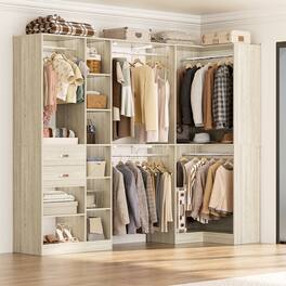 Aheaplus - 127.5'' Corner Closet Organizer System Set of 2 with Drawers, Hanging Rod and Adjustable Shelves, Reversible - Beige Oak