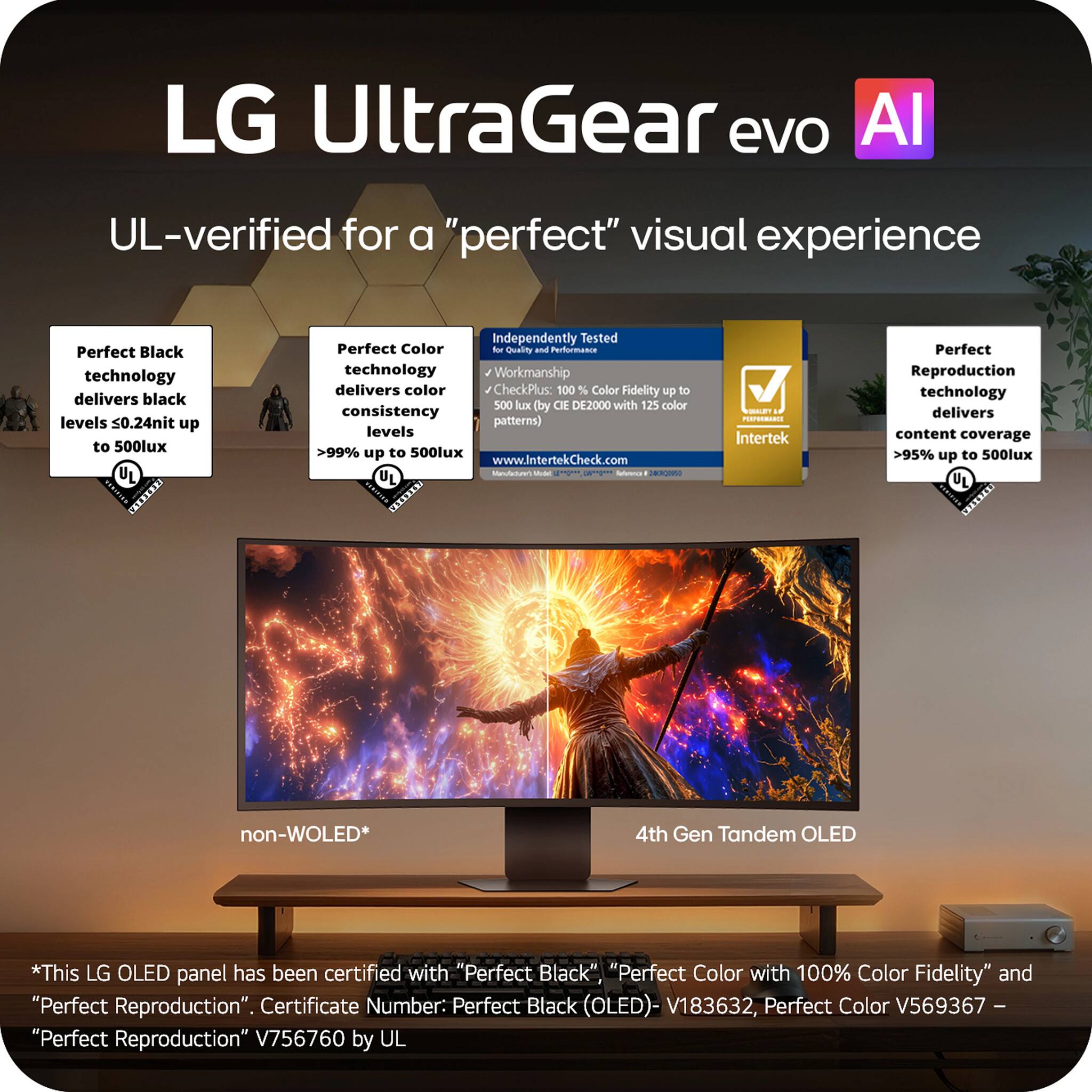 LG UltraGear evo AI  
UL-verified for a "perfect" visual experience  

Perfect Black technology delivers black levels <0.24nit up to 500lux  
Perfect Color technology delivers color consistency levels >99% up to 500lux  
Independently Tested for Quality and Performance  
Workmanship delivers color CheckPlus: 100% Color Fidelity up to 500 lux (by CIE DE2000 with 125 color consistency patterns)  
Perfect Reproduction technology delivers content coverage >95% up to 500lux  

*This LG OLED panel has been certified with "Perfect Black", "Perfect Color with 100% Color Fidelity" and "Perfect Reproduction".  
Certificate Number: Perfect Black (OLED)- V183632, Perfect Color V569367, "Perfect Reproduction" V756760 by UL  

www.IntertekCheck.com  

non-WOLED*  
4th Gen Tandem OLED  

*This LG OLED panel has been certified with "Perfect Black", "Perfect Color with 100% Color Fidelity" and "Perfect Reproduction".  
Certificate Number