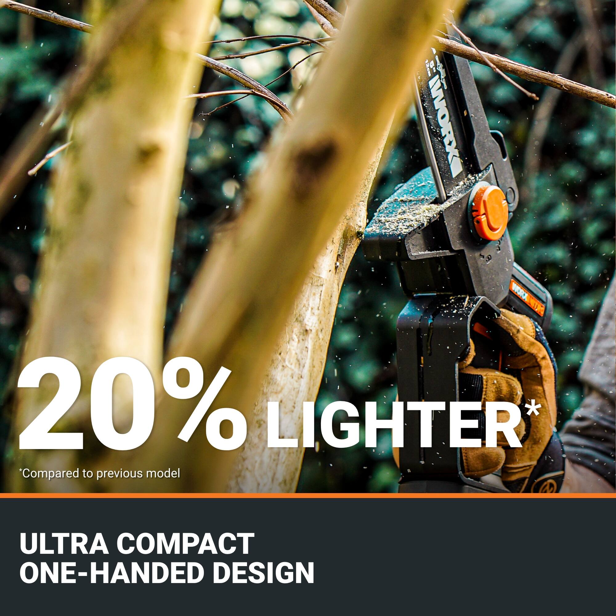 The image features a person holding a tool, likely a saw or a drill, with the text "20% Lighter" displayed on the image. The text suggests that the tool is lighter than its previous model, showcasing the compact and one-handed design.