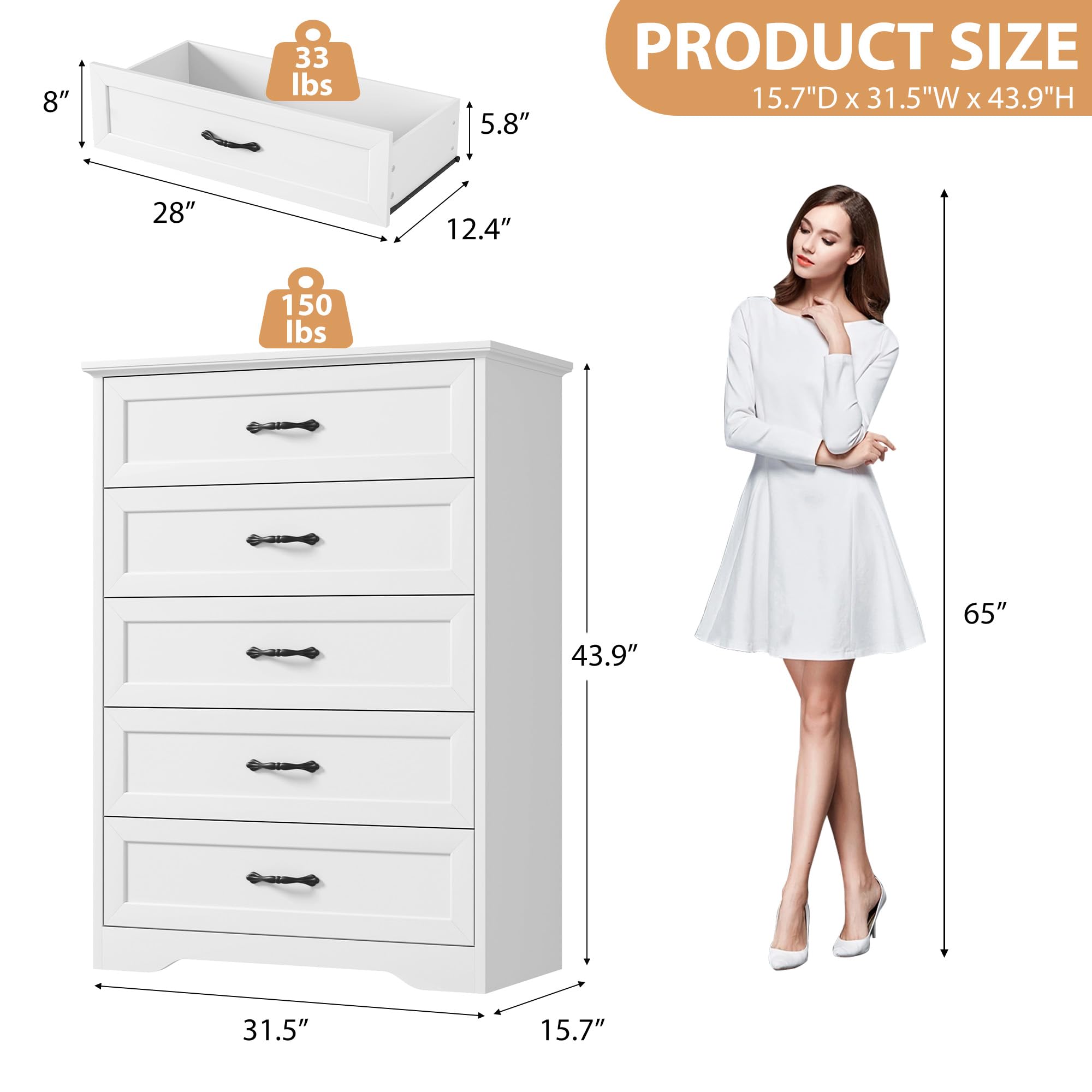 - **Product Size:** 15.7"D x 31.5"W x 43.9"H
- **Top Drawer:**
  - Width: 28"
  - Depth: 12.4"
  - Height: 5.8"
  - Weight Capacity: 33 lbs
- **Cabinet:**
  - Width: 31.5"
  - Depth: 15.7"
  - Height: 43.9"
  - Weight Capacity: 150 lbs
- **Total Height:** 65"