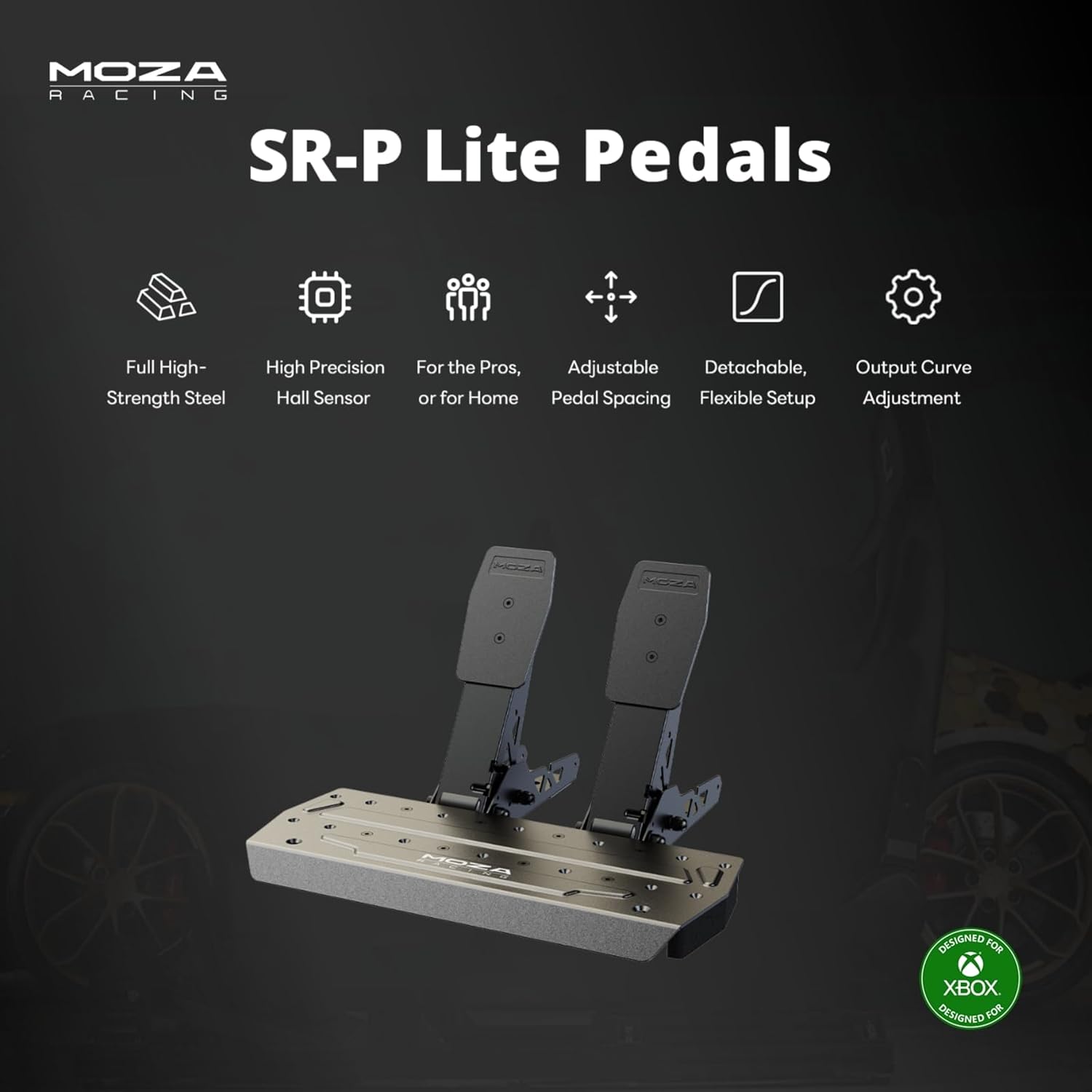 MOZA RACING SR-P Lite Pedals are designed for Xbox and feature full high-strength steel construction, high precision hall sensor, and adjustable detachable pedal spacing for a flexible setup. These pedals are designed for the pros or for home use and offer high-quality performance.