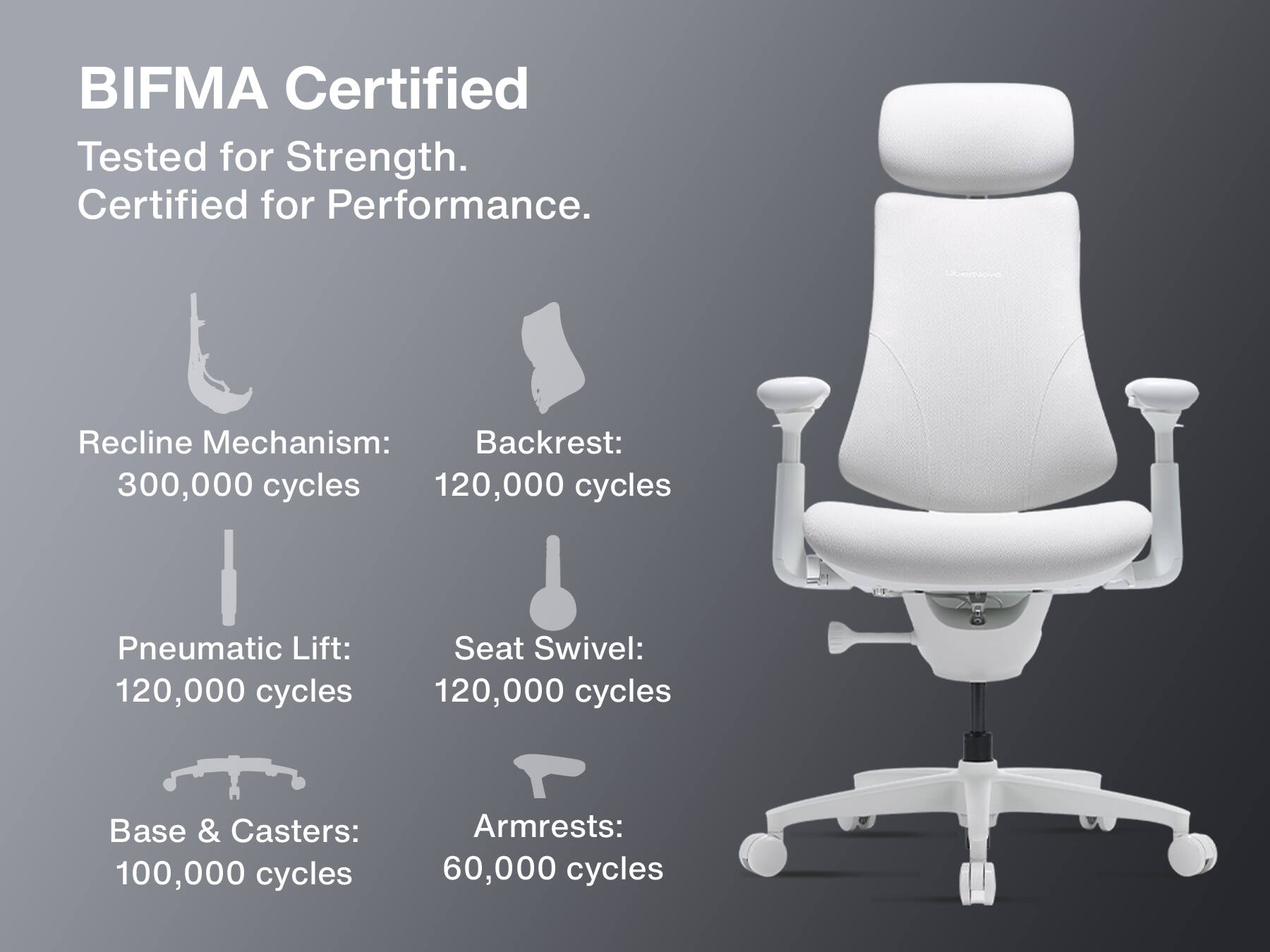 BIFMA Certified  
Tested for Strength.  
Certified for Performance.  

Recline Mechanism: 300,000 cycles  
Backrest: 120,000 cycles  
Pneumatic Lift: 120,000 cycles  
Seat Swivel: 120,000 cycles  
Base & Casters: 100,000 cycles  
Armrests: 60,000 cycles