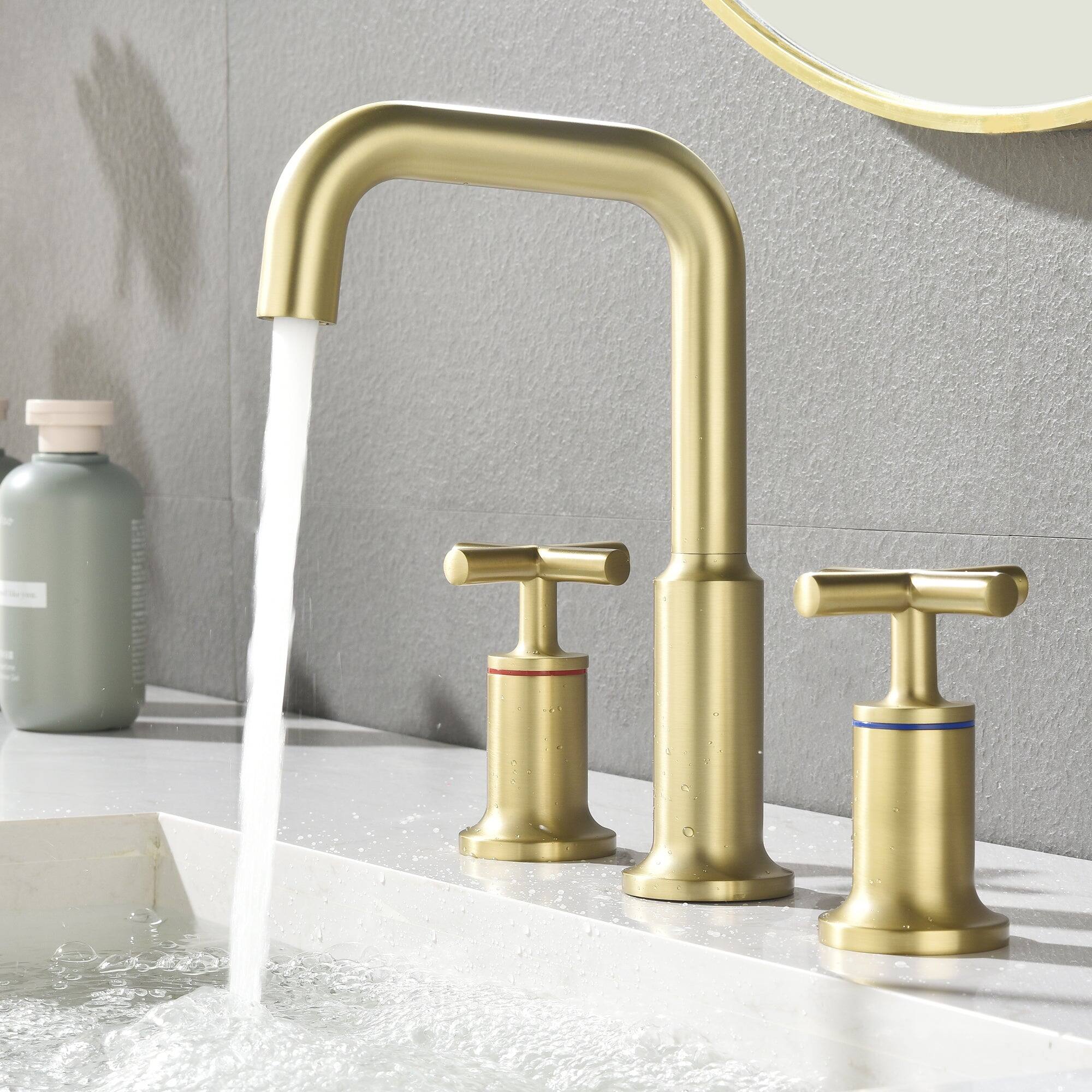 Alt View 8. Boyel Living - Brass 8 Inch Widespread Double Handle Bathroom Faucet with Water Supply Hoses and Quick Connected Hose in Brushed Gold - Brushed Gold.