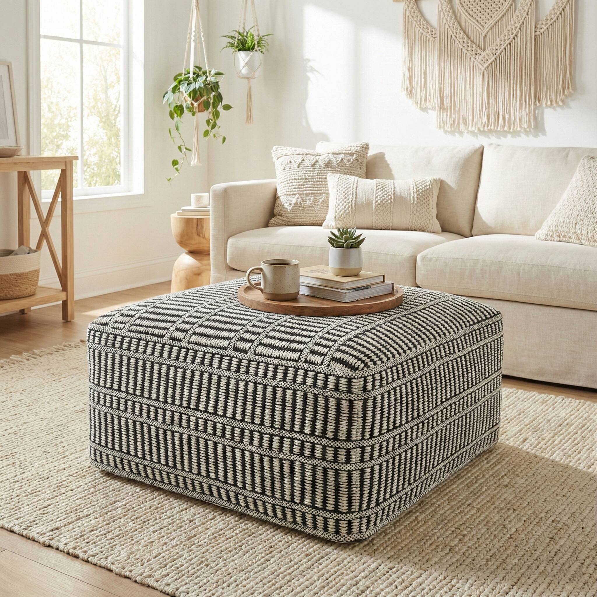 Alt View 5. Simpli Home - Safford 20 inch Wide Woven Square Pouf Ottoman, Cream White and Deep Black - Cream White/Deep Black.