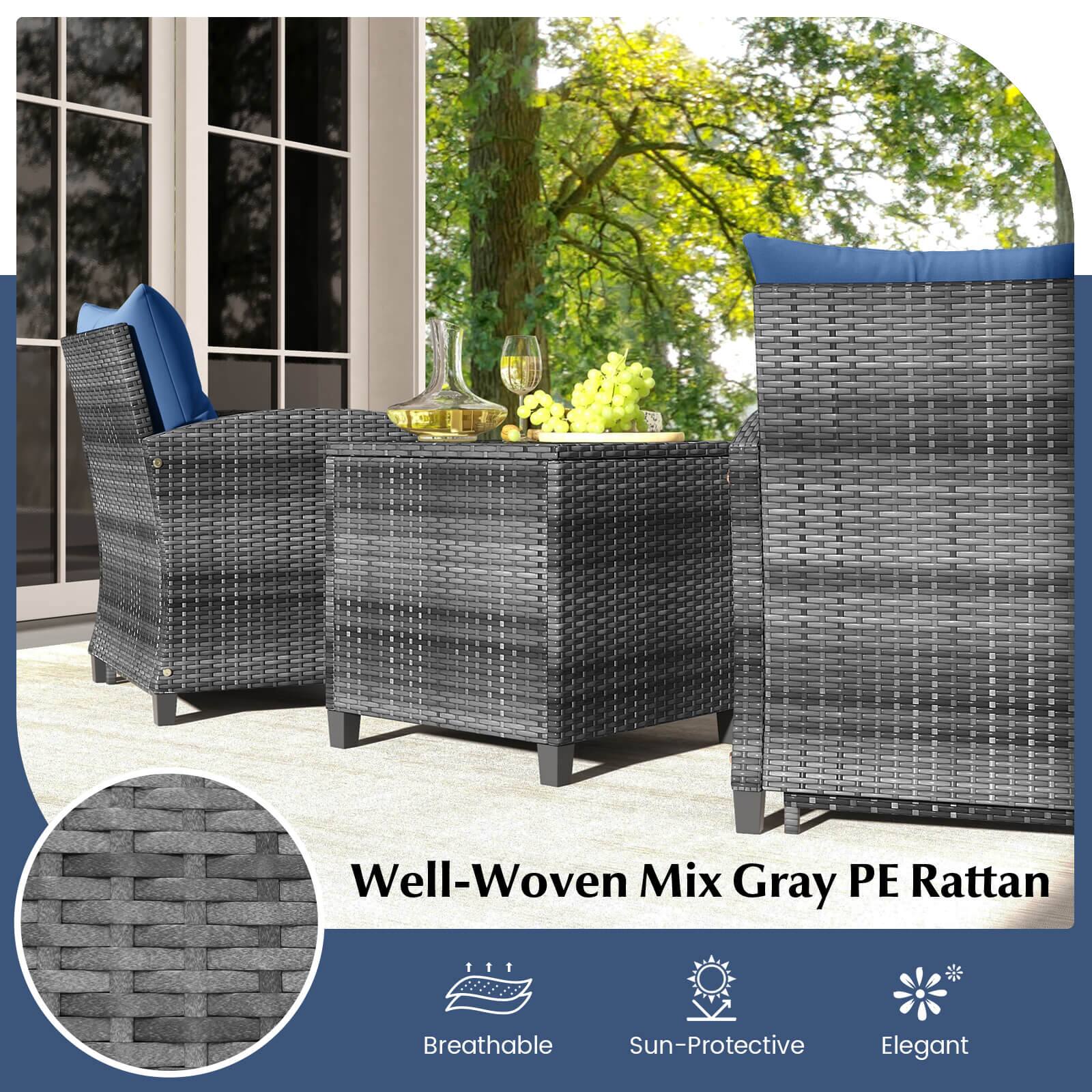 Well-Woven Mix Gray PE Rattan  
Breathable  
Sun-Protective  
Elegant