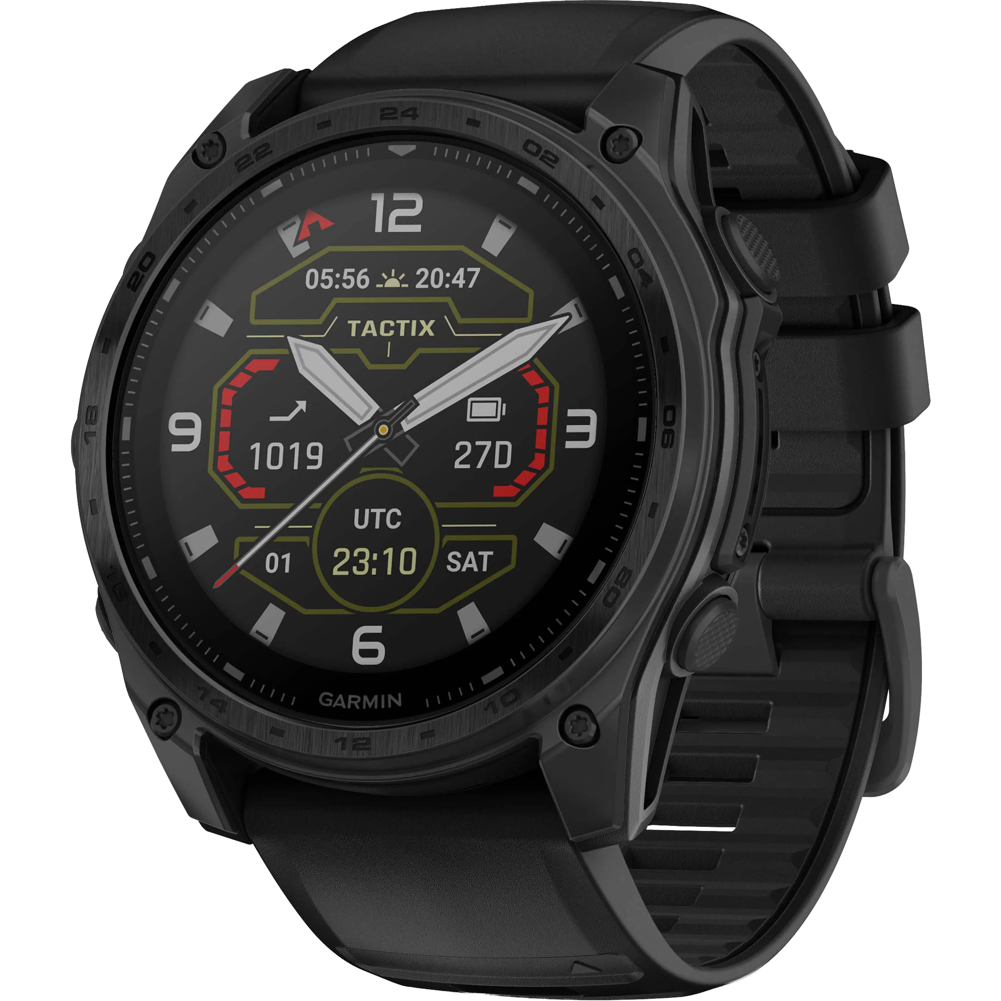 The watch displays the time as 20:47 and the date as 05:56. The watch is a Garmin Tactix, and it is set to 01:23:10 on Saturday. The watch also shows the time in UTC, which is 02:04.