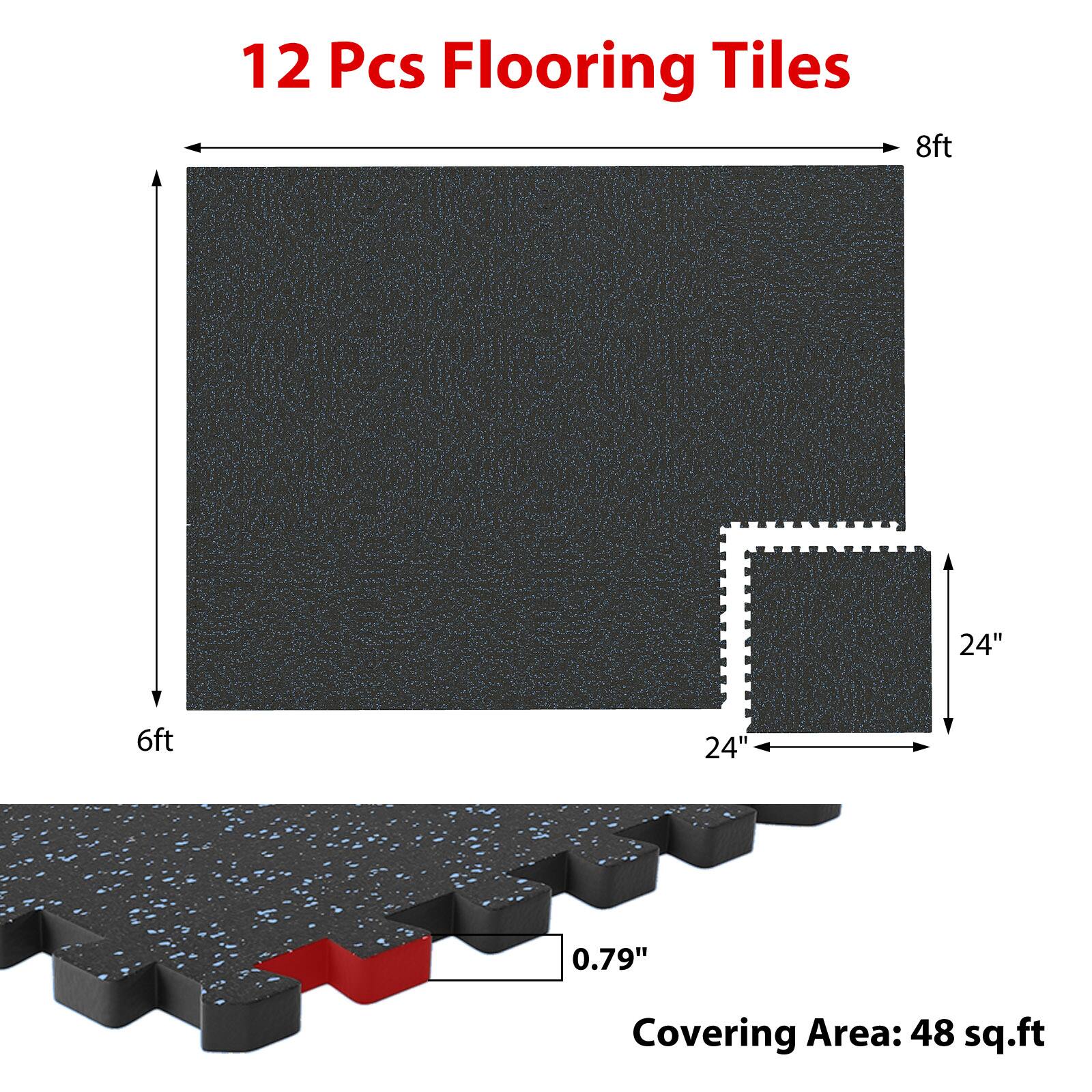 12 Pcs Flooring Tiles  
8ft x 24"  
6ft x 24"  
0.79"  
Covering Area: 48 sq.ft