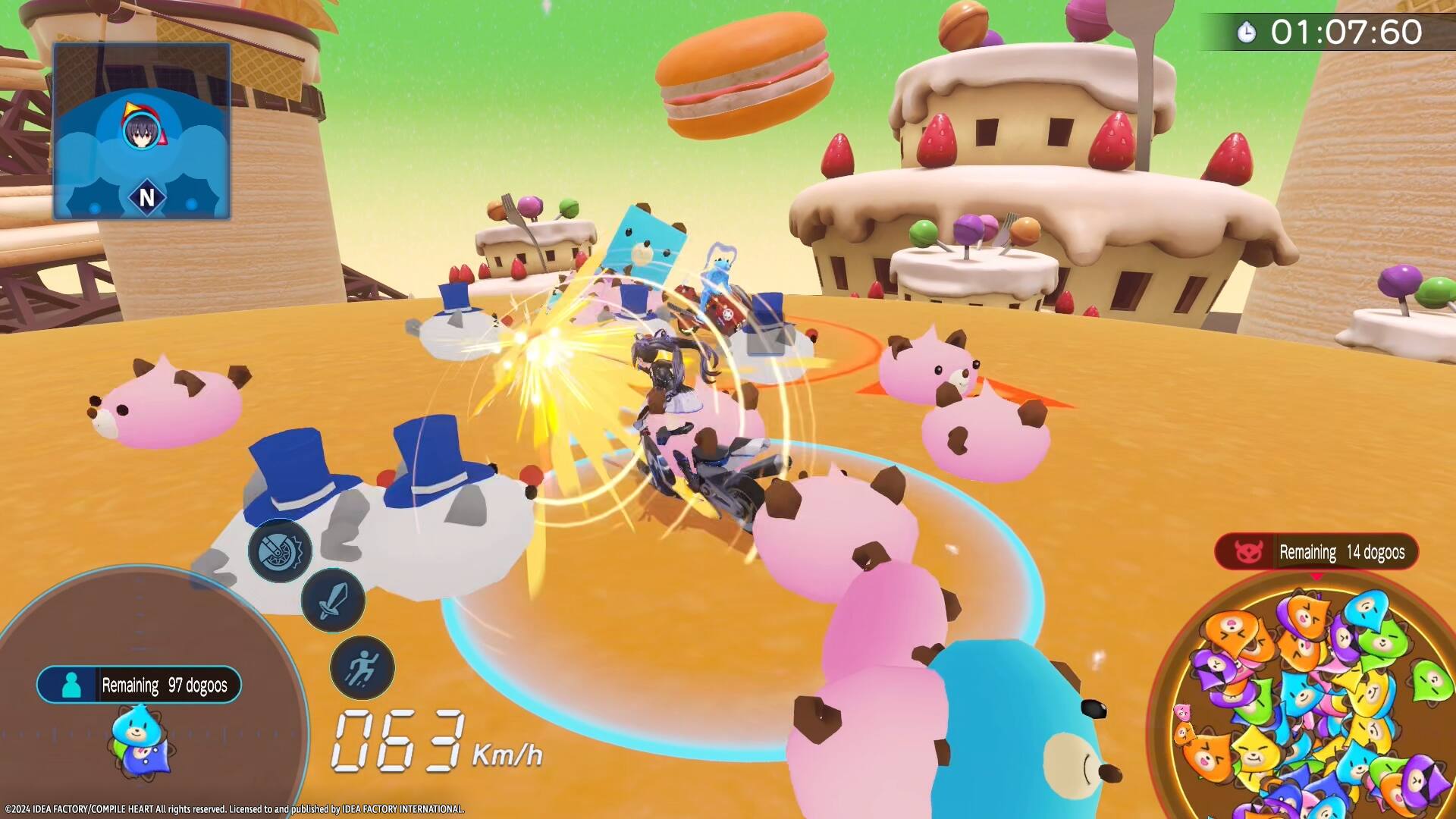 The remaining dogoos are 14, and the remaining time is 01:07:60. The speed is 2024 km/h. The game is licensed to and published by IDEA FACTORY INTERNATIONAL.