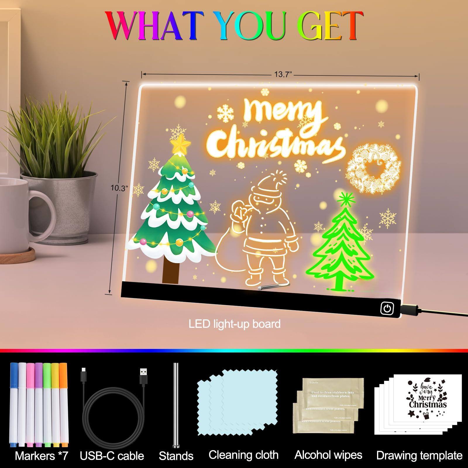 **WHAT YOU GET**

- 10.3" x 13.7" LED light-up board
- Merry Christmas Markers *7
- USB-C cable
- Stands
- Cleaning cloth
- Alcohol wipes
- Drawing template