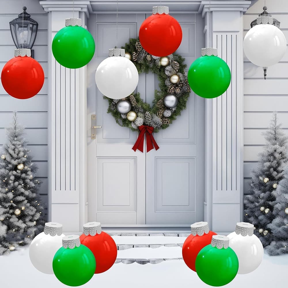 RTMB - 9 Pcs Inflatable Christmas Balls, 9" PVC Outdoor Holiday Decor - White Red GreenNumber of Items: 9