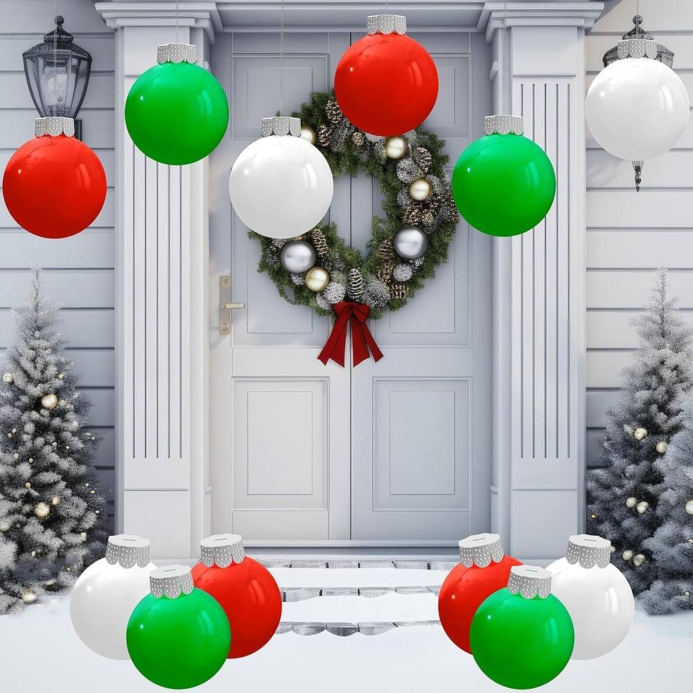 Front. RTMB - 9 Pcs Inflatable Christmas Balls, 9" PVC Outdoor Holiday Decor - White Red GreenNumber of Items: 9.