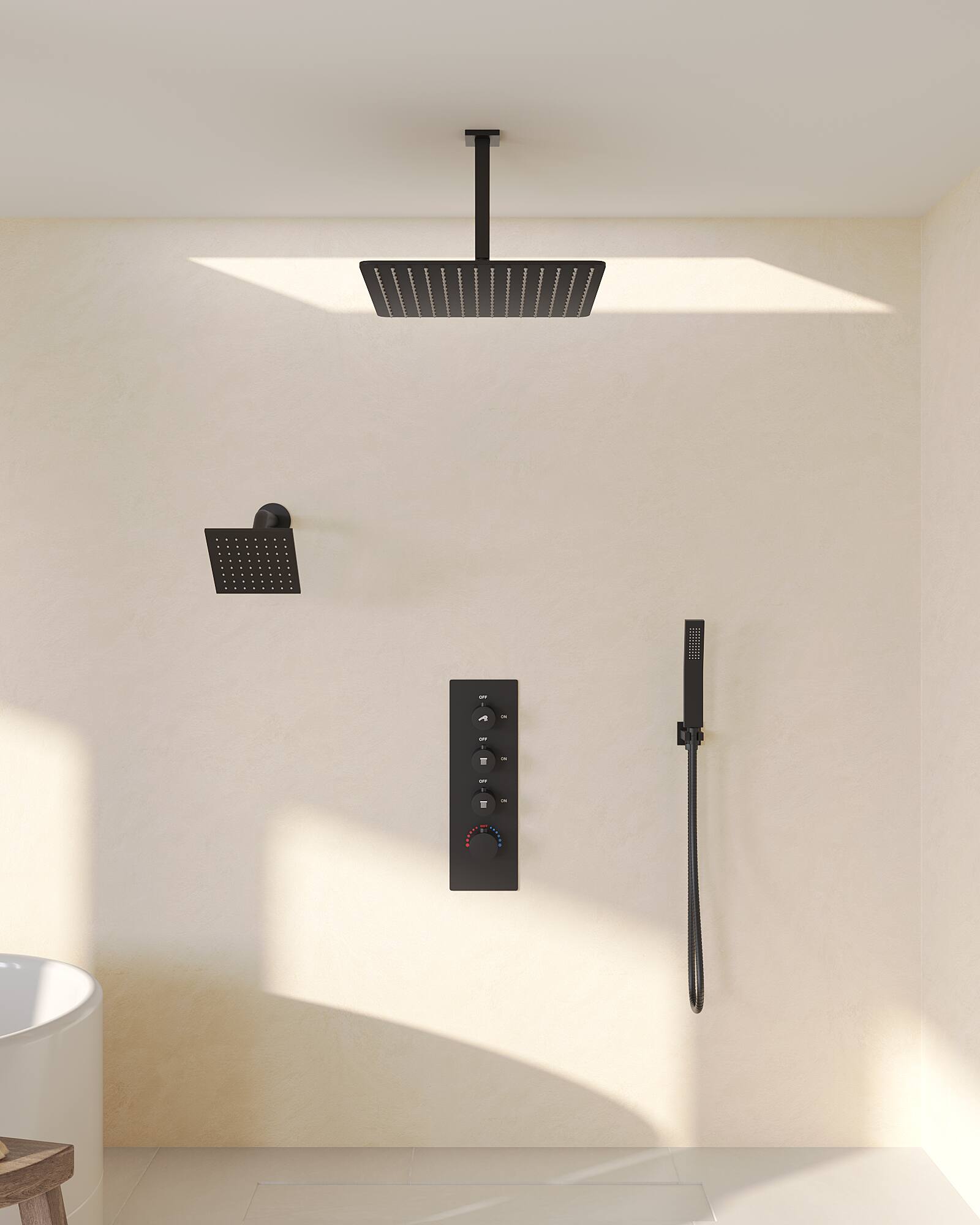 Angle. GRANDJOY - Modern Thermostatic Anti-Scald Shower Faucet Set with Multi-Function Head & Flexible Hose - Matte Black.