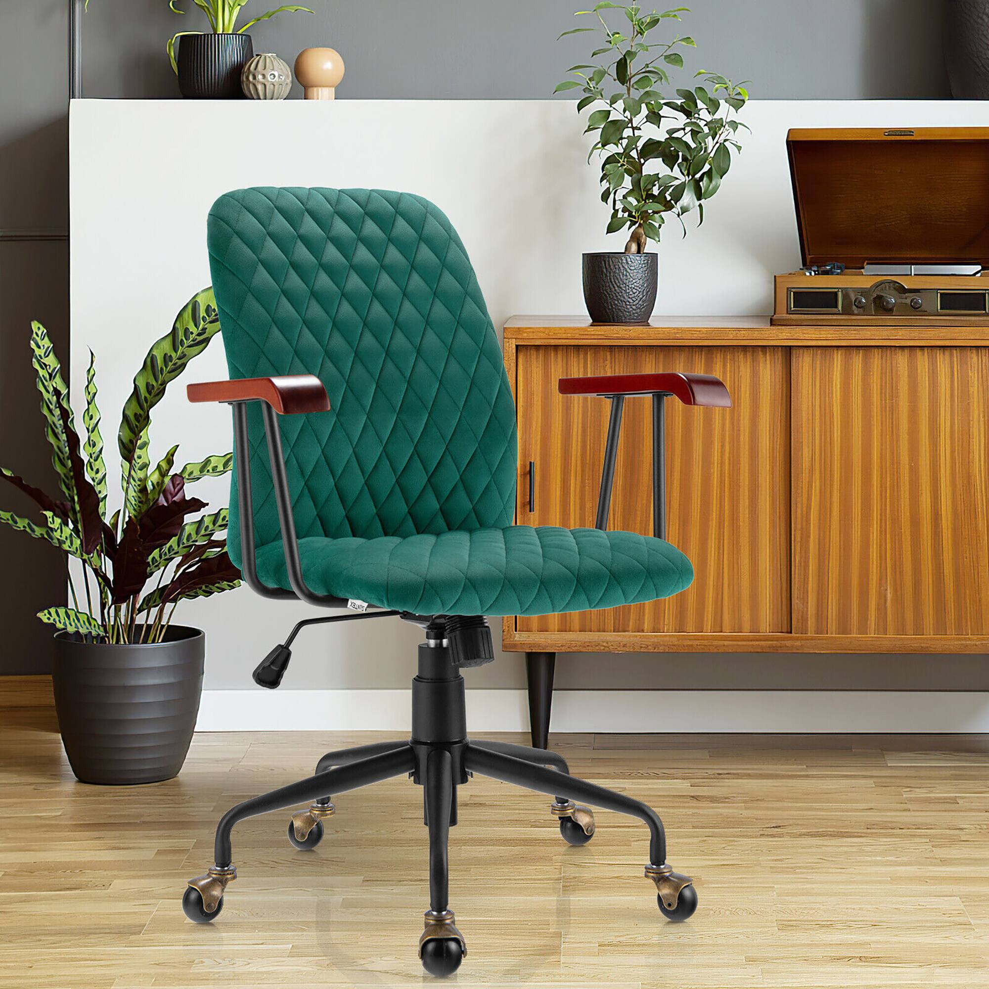 Alt View 8. Gymax - Gymax Velvet Home Office Chair Swivel Adjustable Task Chair w/ Wooden Armrest Green - Green.
