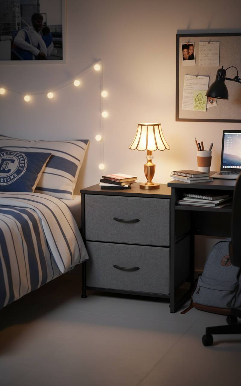 Angle. AOITUN - Compact Nightstand for Daily Dorm Living, 20" Bedside Table with 2 Drawers, Works Well with Twin XL Dorm Setup - Gray.