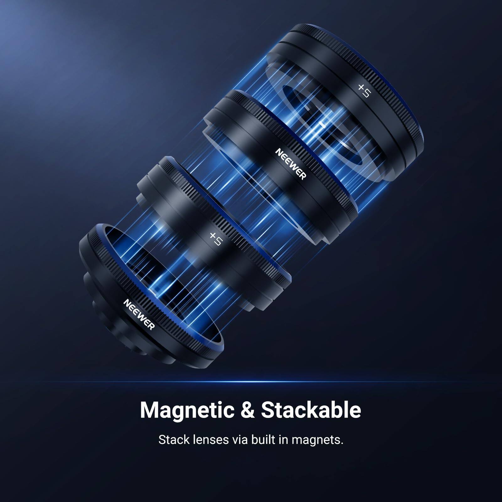 5+ NEEWER Magnetic & Stackable lenses via built-in magnets.