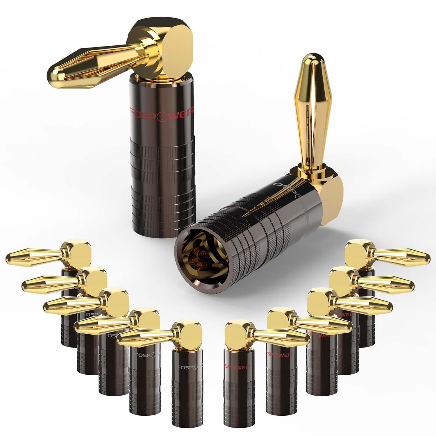 FosPower - Right Angle Banana Plugs (6 Pairs/12 pcs), Closed Screw 24K Gold Plated Banana Speaker Plug Connectors for Speaker Wire - Black