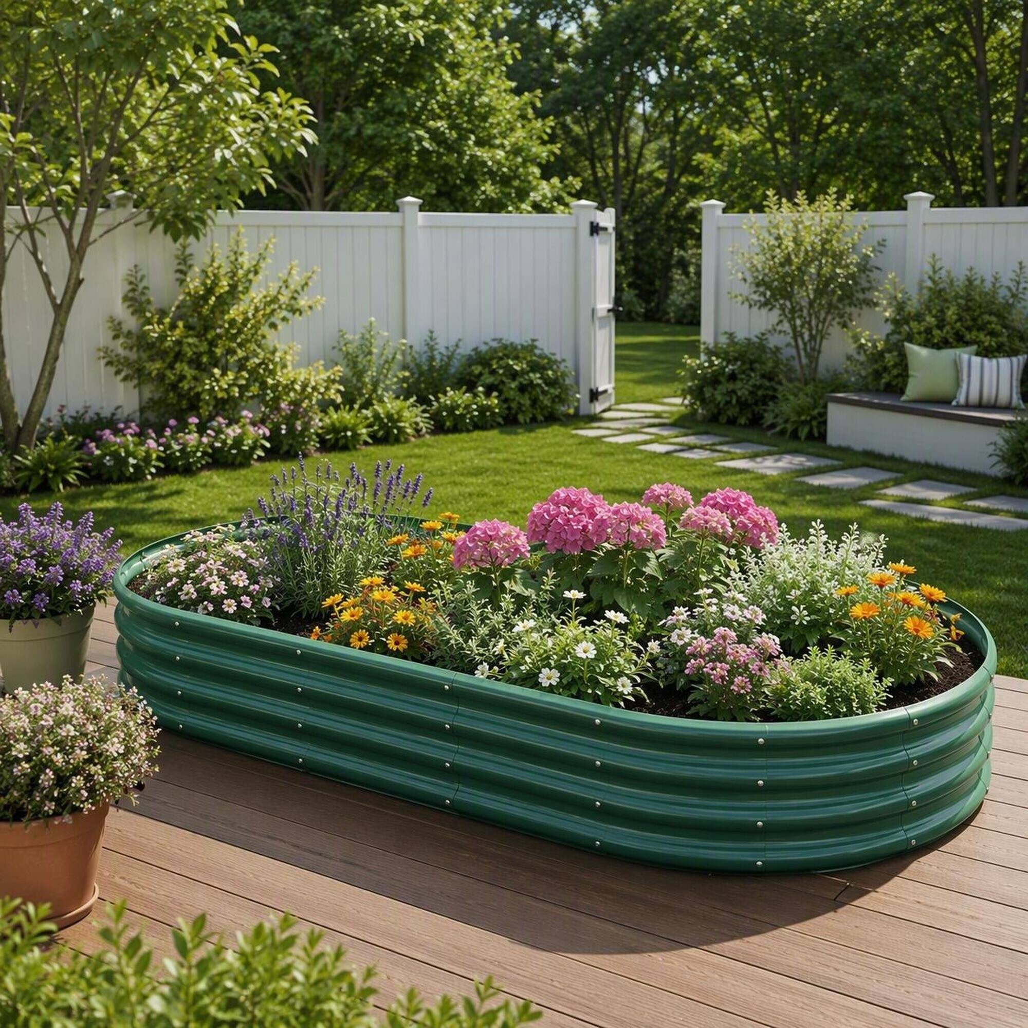 Back. RYHNUYNE - Galvanized Raised Garden Bed 8x4x1ft Heavy Duty Metal Planter Box for Vegetables Herbs Flowers, Rust Proof Outdoor - Green.