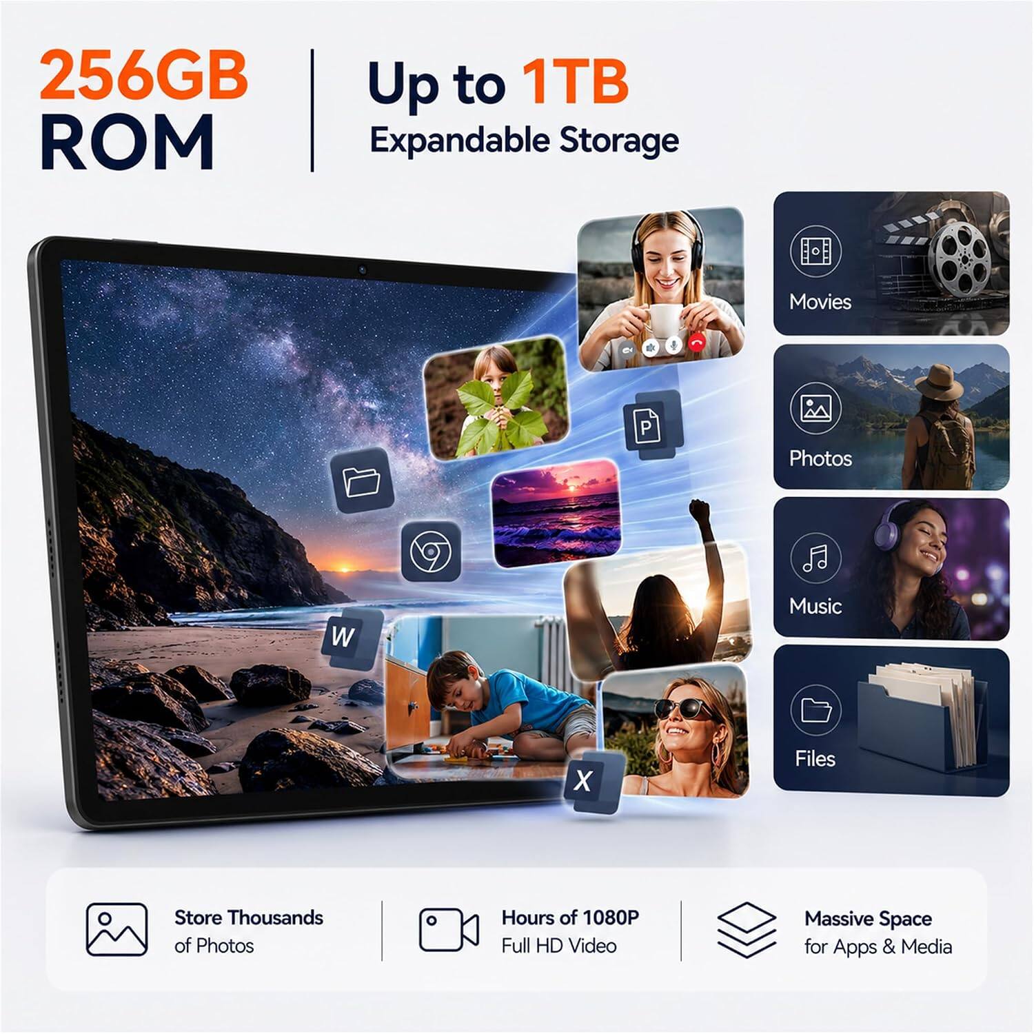 256GB ROM  
Up to 1TB Expandable Storage  
Movies  
Photos  
Music  
Files  
Store Thousands of Photos  
Hours of 1080P Full HD Video  
Massive Space for Apps & Media