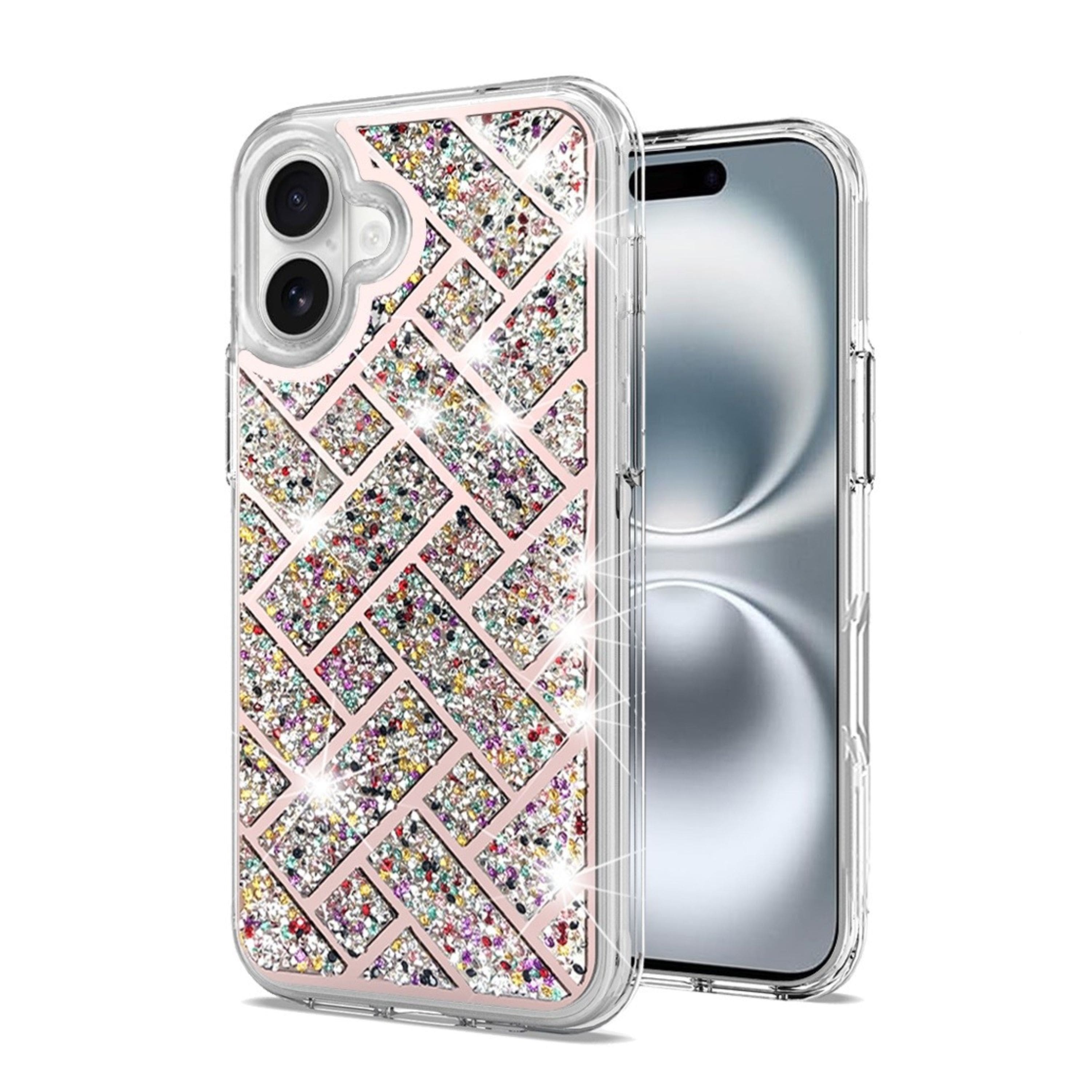 Kitcheniva - Shimmering Bling Hybrid Shockproof Phone Cover With Tempered Glass For iPhone 16 Pink - Multicolor