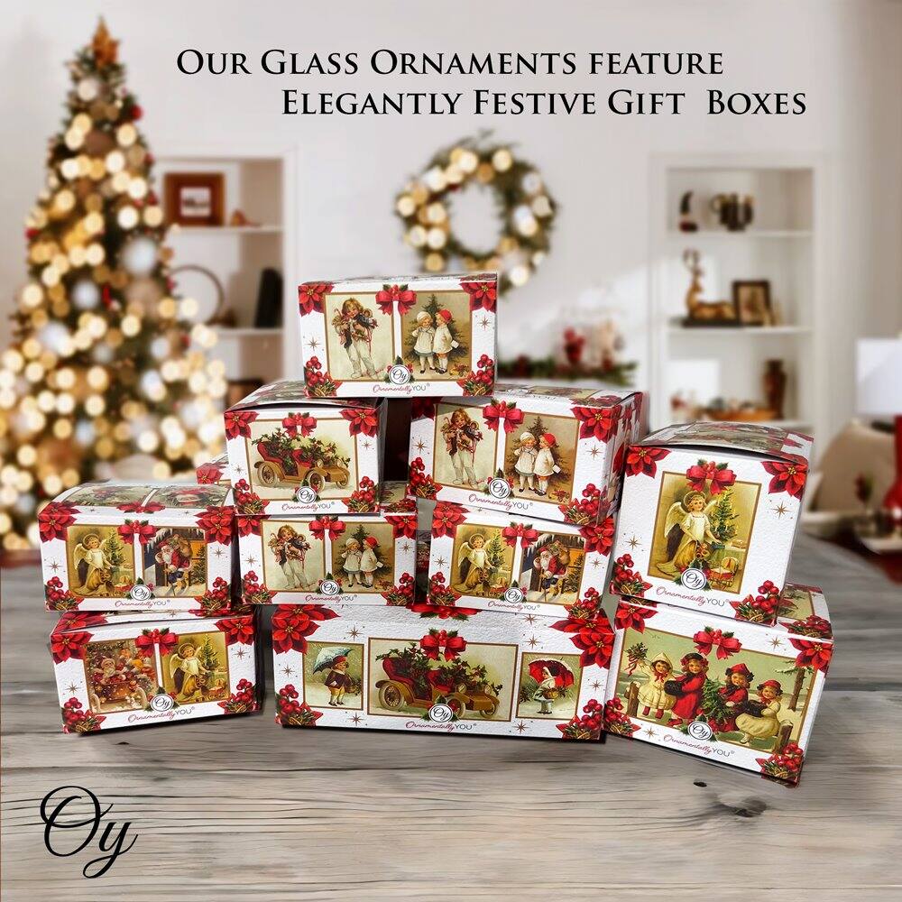 OUR GLASS ORNAMENTS FEATURE ELEGANTLY FESTIVE GIFT BOXES