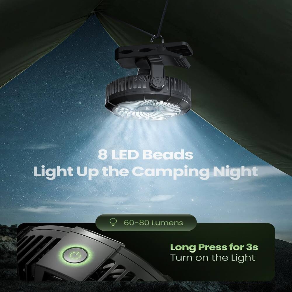 8 LED Beads Light Up the Camping Night  
60-80 Lumens  
Long Press for 3s Turn on the Light