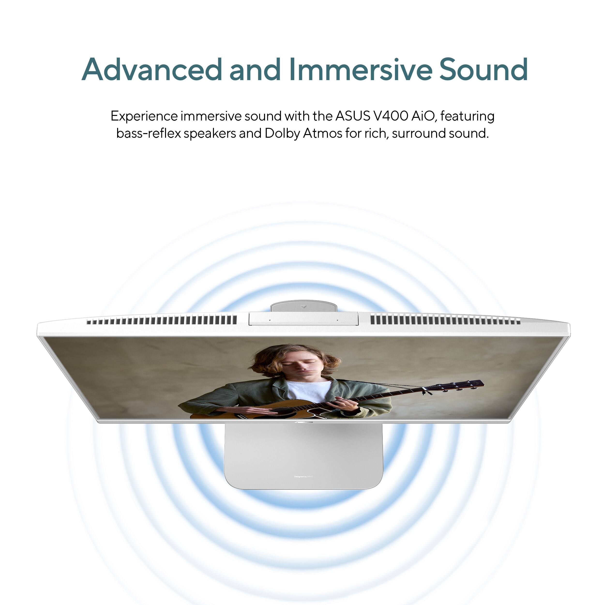 Advanced and Immersive Sound Experience: Immerse yourself in sound with the ASUS V400 AiO, featuring bass-reflex speakers and Dolby Atmos for rich, surround sound.