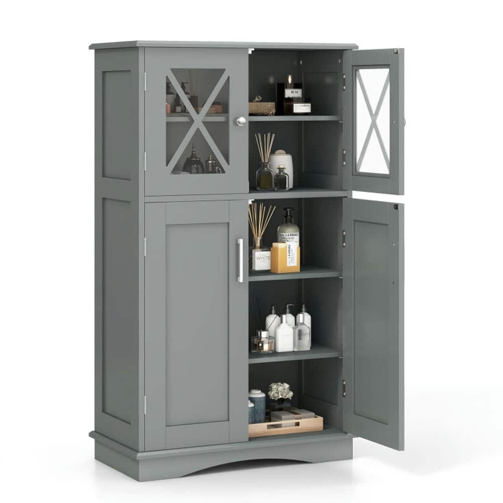 Pefilos - 4 Doors Freeestanding Bathroom Floor Cabinet with Adjustable Shelves- Bathroom Storage Cabinet for Entryway - Gray
