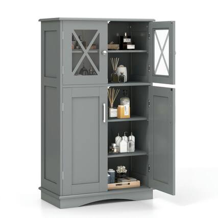 Front. Kadyn - 4 Doors Freeestanding Bathroom Floor Cabinet with Adjustable Shelves-Gray, Bathroom Cabinets for Entryway Storage - Gray.