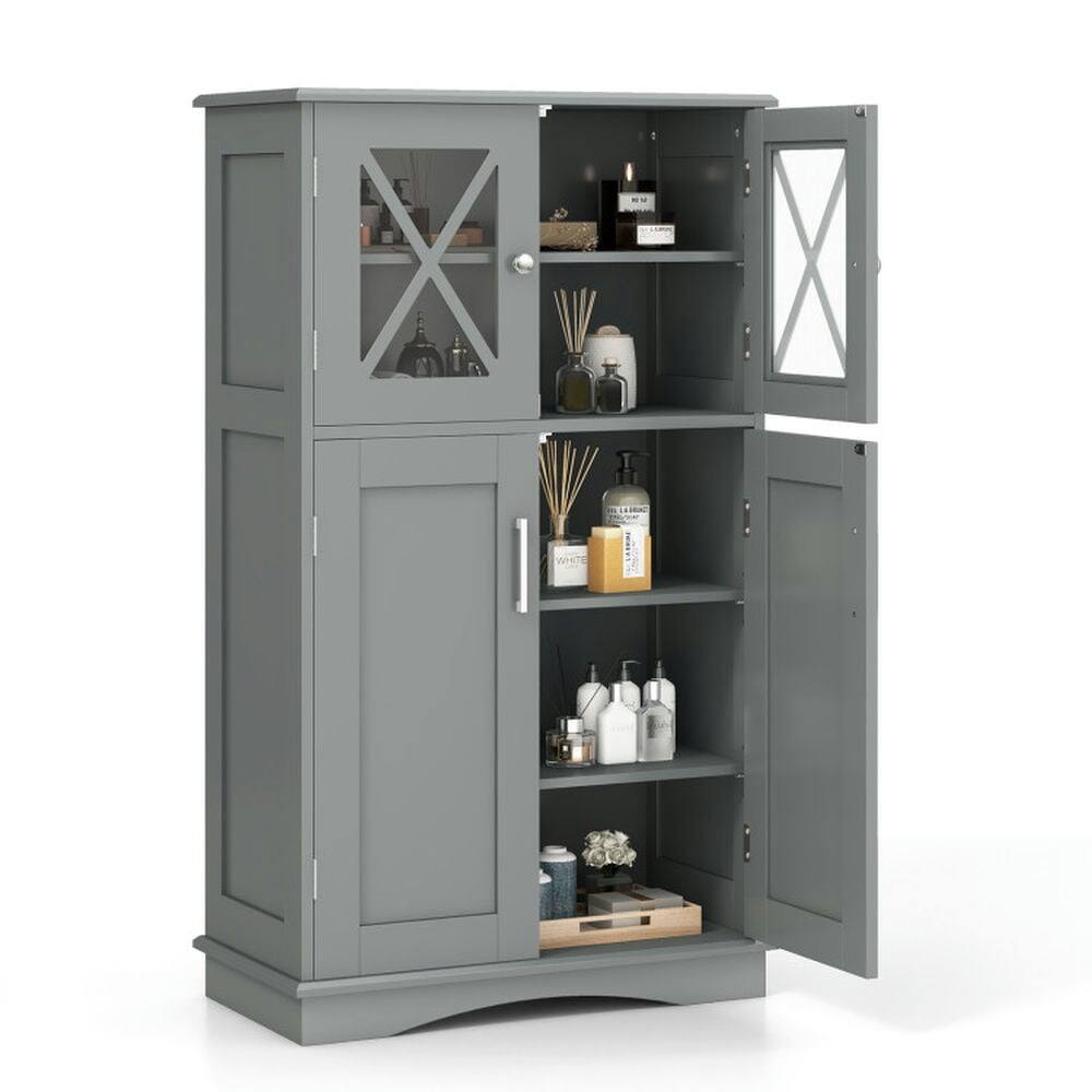 Front. Kadyn - 4 Doors Freeestanding Bathroom Floor Cabinet with Adjustable Shelves-Gray, Bathroom Cabinets for Entryway Storage - Gray.