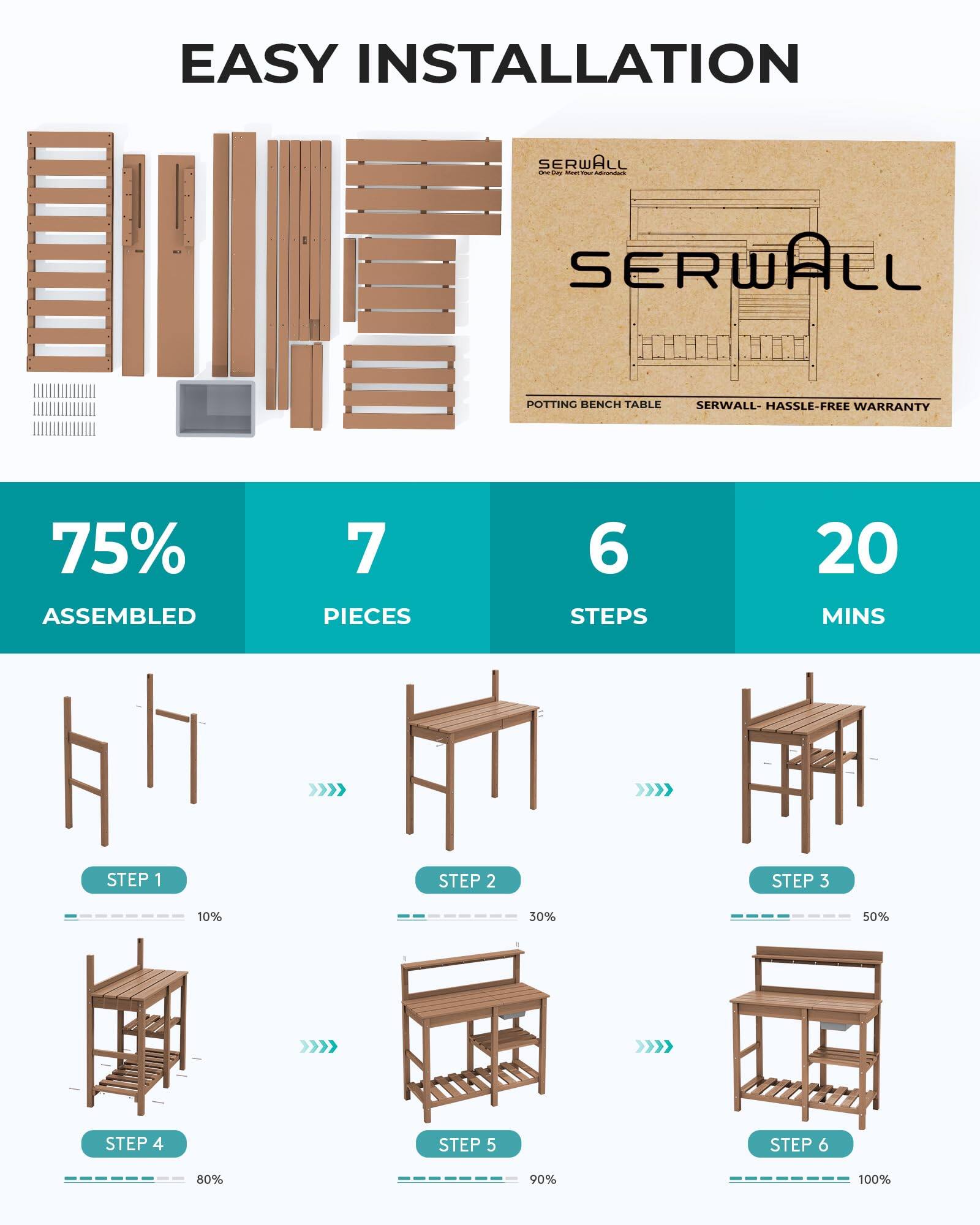 EASY INSTALLATION  
SERWALL  
POTTING BENCH TABLE  
SERWALL - HASSLE-FREE WARRANTY  

75% ASSEMBLED  
7 PIECES  
6 STEPS  
20 MINS  

STEP 1 - 10%  
STEP 2 - 30%  
STEP 3 - 50%  
STEP 4 - 80%  
STEP 5 - 90%  
STEP 6 - 100%