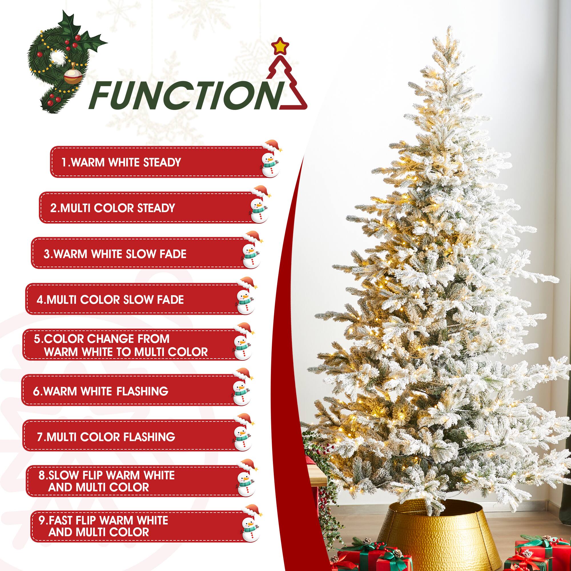 FUNCTION
1. WARM WHITE STEADY
2. MULTI COLOR STEADY
3. WARM WHITE SLOW FADE
4. MULTI COLOR SLOW FADE
5. COLOR CHANGE FROM WARM WHITE TO MULTI COLOR
6. WARM WHITE FLASHING
7. MULTI COLOR FLASHING
8. SLOW FLIP WARM WHITE AND MULTI COLOR
9. FAST FLIP WARM WHITE AND MULTI COLOR