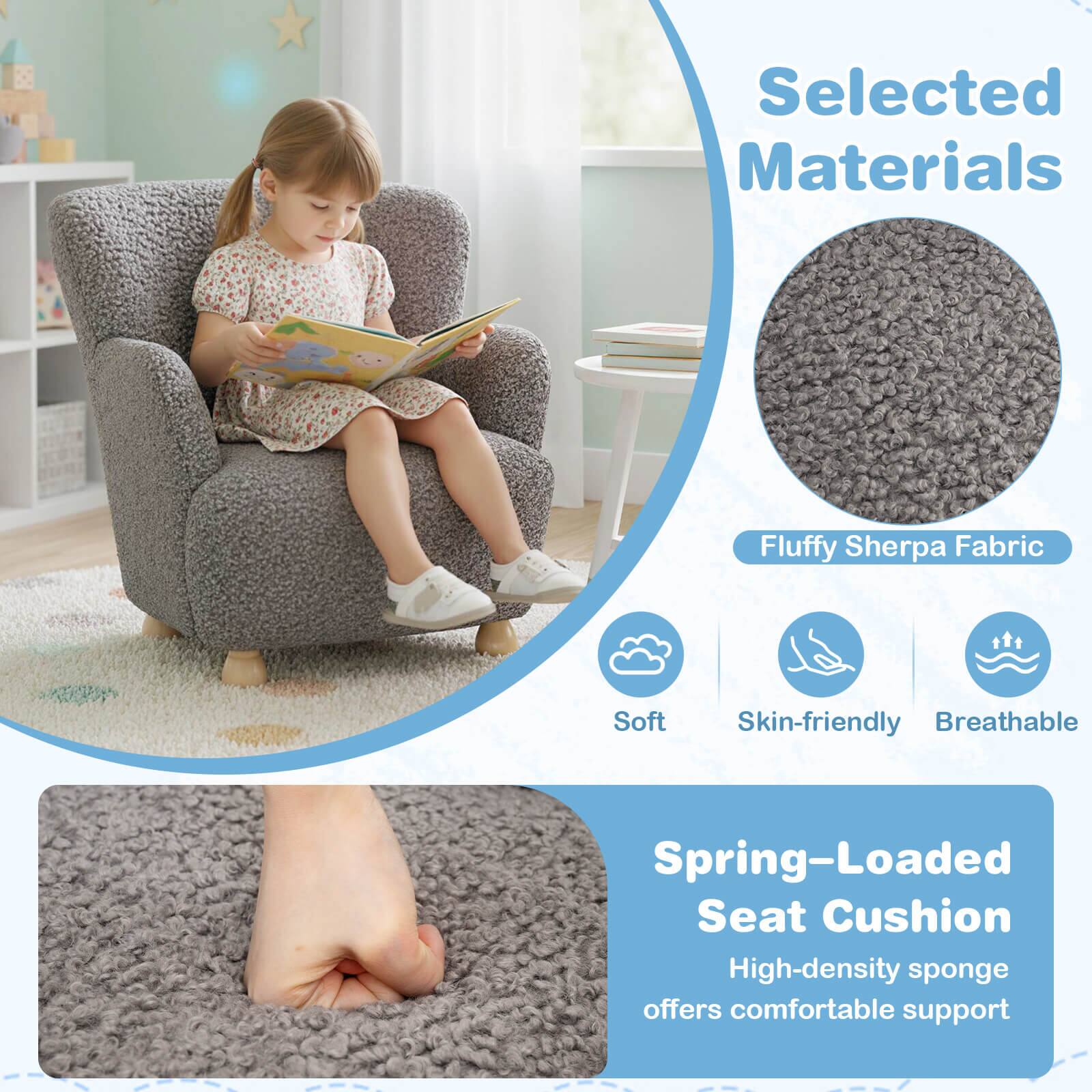 Selected Materials  
Fluffy Sherpa Fabric  
Soft  
Skin-friendly  
Breathable  

Spring-Loaded Seat Cushion  
High-density sponge offers comfortable support
