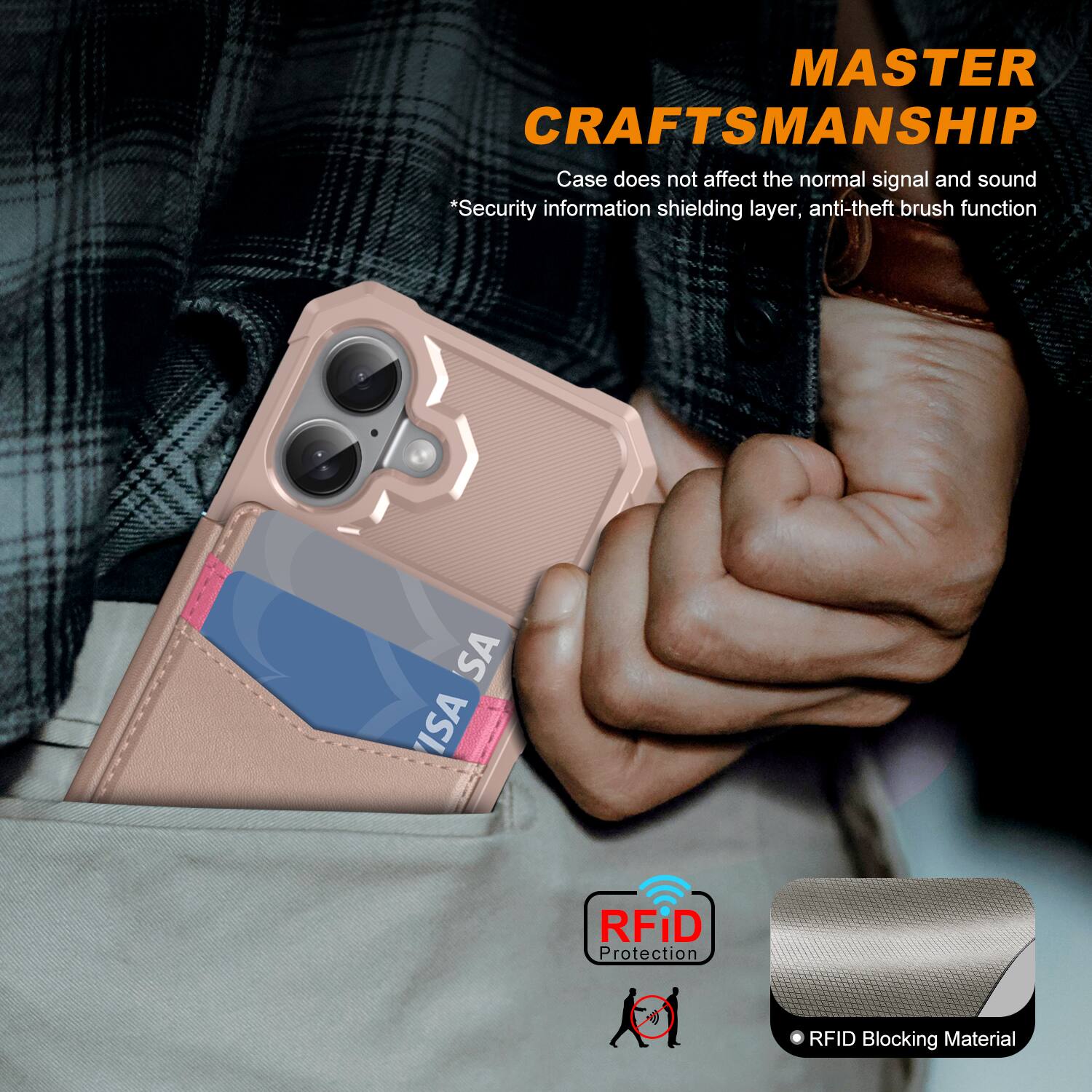 MASTER CRAFTSMANSHIP  
Case does not affect the normal signal and sound  
*Security information shielding layer, anti-theft brush function  

RFID Protection  
RFID Blocking Material