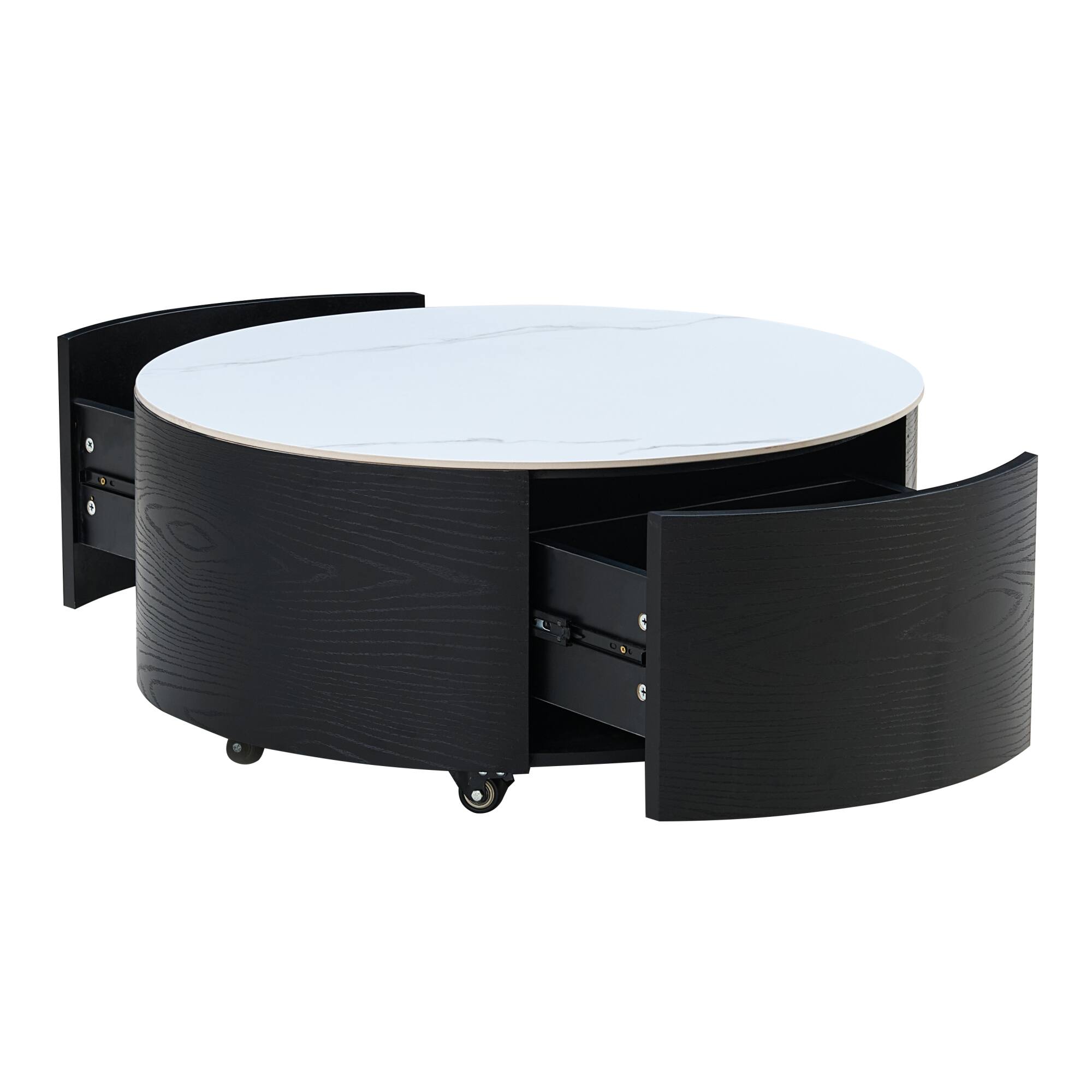 Alt View 10. GOODSILO - Modern Round Mobile Coffee Table with Two Drawers and Marble-Pattern Top - Black.