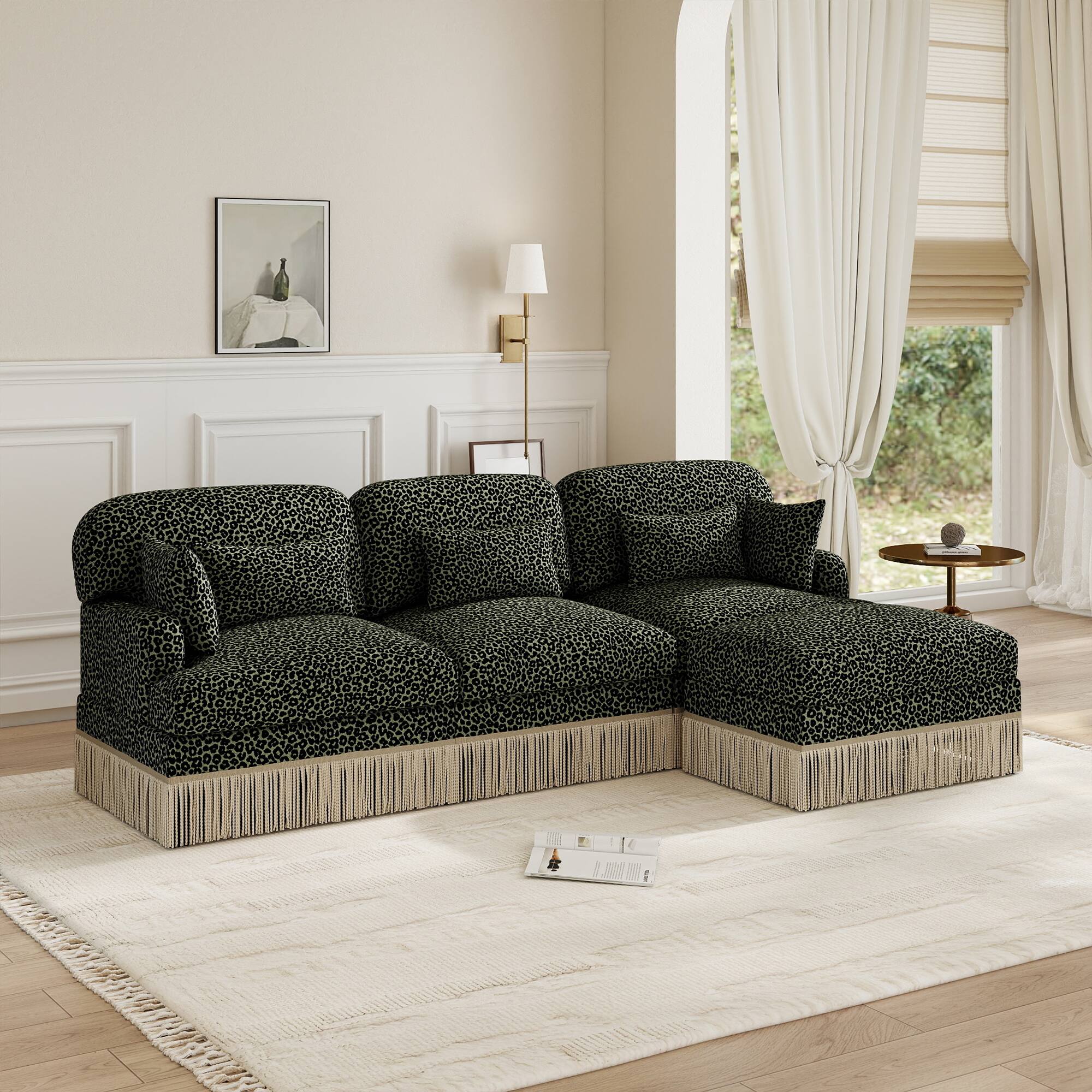 Left. Anysun - Modern Fashion Style L-Shaped Chenille Leopard Print Sofa with Movable Ottoman & Tassel Edge, Easy Assembly, Deep Seat - Green.