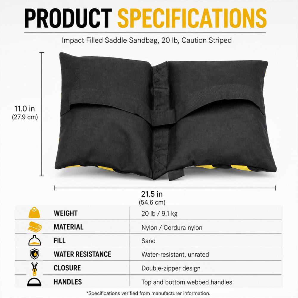 PRODUCT SPECIFICATIONS  
Impact Filled Saddle Sandbag, 20 lb, Caution Striped  

11.0 in (27.9 cm)  
21.5 in (54.6 cm)  

WEIGHT  
20 lb / 9.1 kg  

MATERIAL  
Nylon / Cordura nylon  

FILL  
Sand  

WATER RESISTANCE  
Water-resistant, unrated  

CLOSURE  
Double-zipper design  

HANDLES  
Top and bottom webbed handles  

*Specifications verified from manufacturer information.