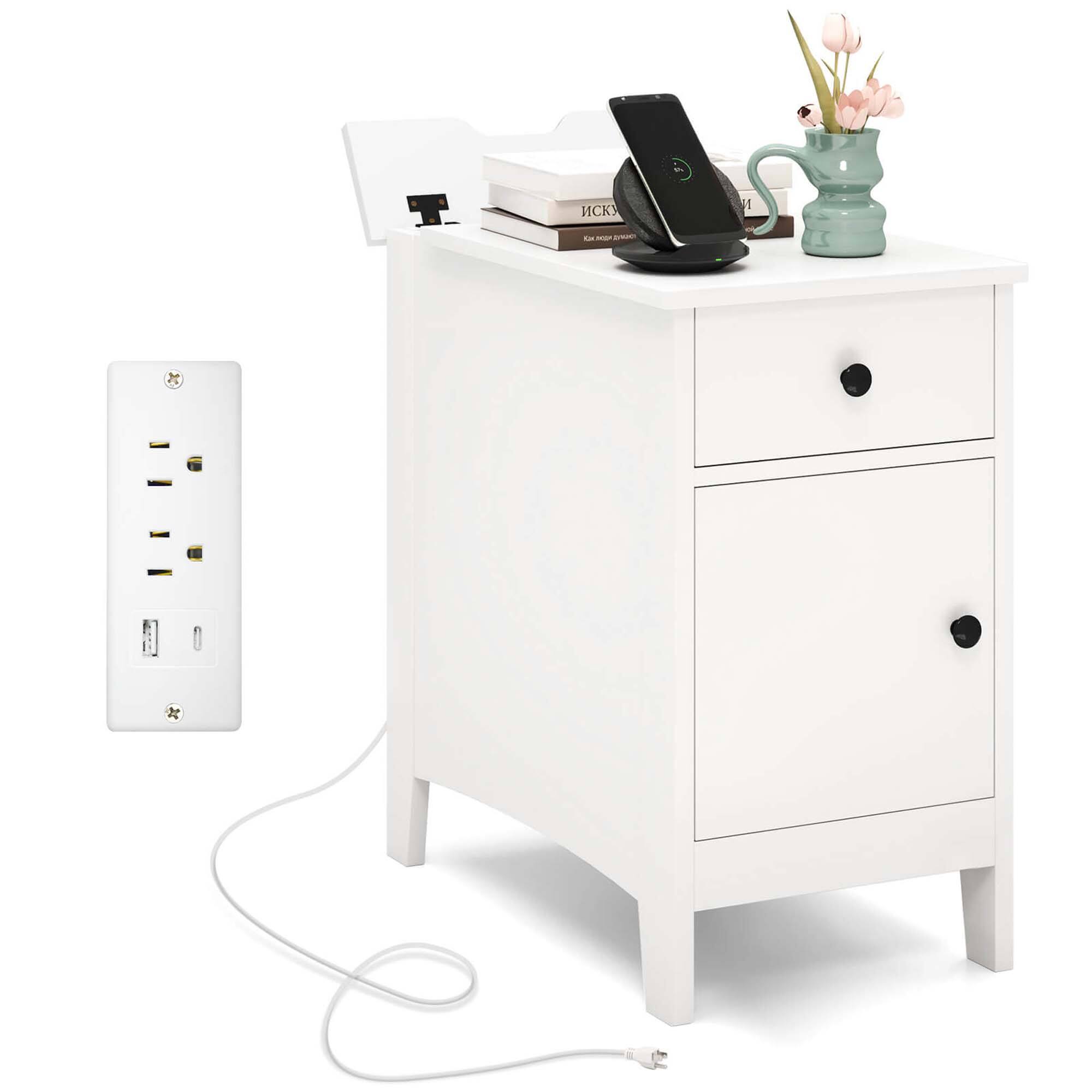 Angle. Costway - Costway End Table with Charging Station Flip Top Bedside Table with USB Ports & Outlets White - White.