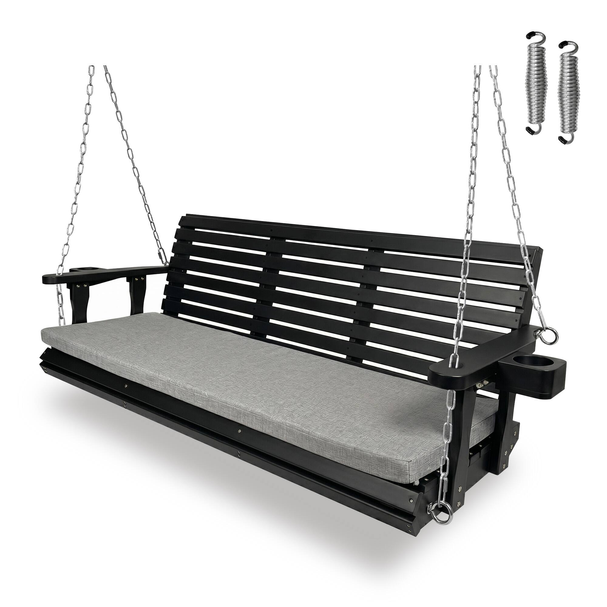 Angle. Fortune Candy - Outdoor Wooden Porch Swing, 5 FT Patio Hanging Bench with Cushion, Heavy Duty 880 LBS, Weather-Resistant for Backyard - Black.