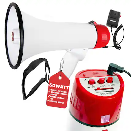 - 50WATT
- RANGE: 300 METERS
- ADJUSTABLE VOLUME
- CONTROL
- INDOOR/OUTDOOR USE
- FOLDABLE HANDLE
- MUSIC
- ALARM
- VOLUME