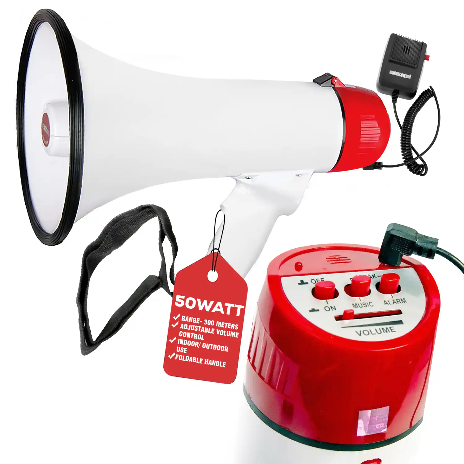 - 50WATT
- RANGE: 300 METERS
- ADJUSTABLE VOLUME
- CONTROL
- INDOOR/OUTDOOR USE
- FOLDABLE HANDLE
- MUSIC
- ALARM
- VOLUME