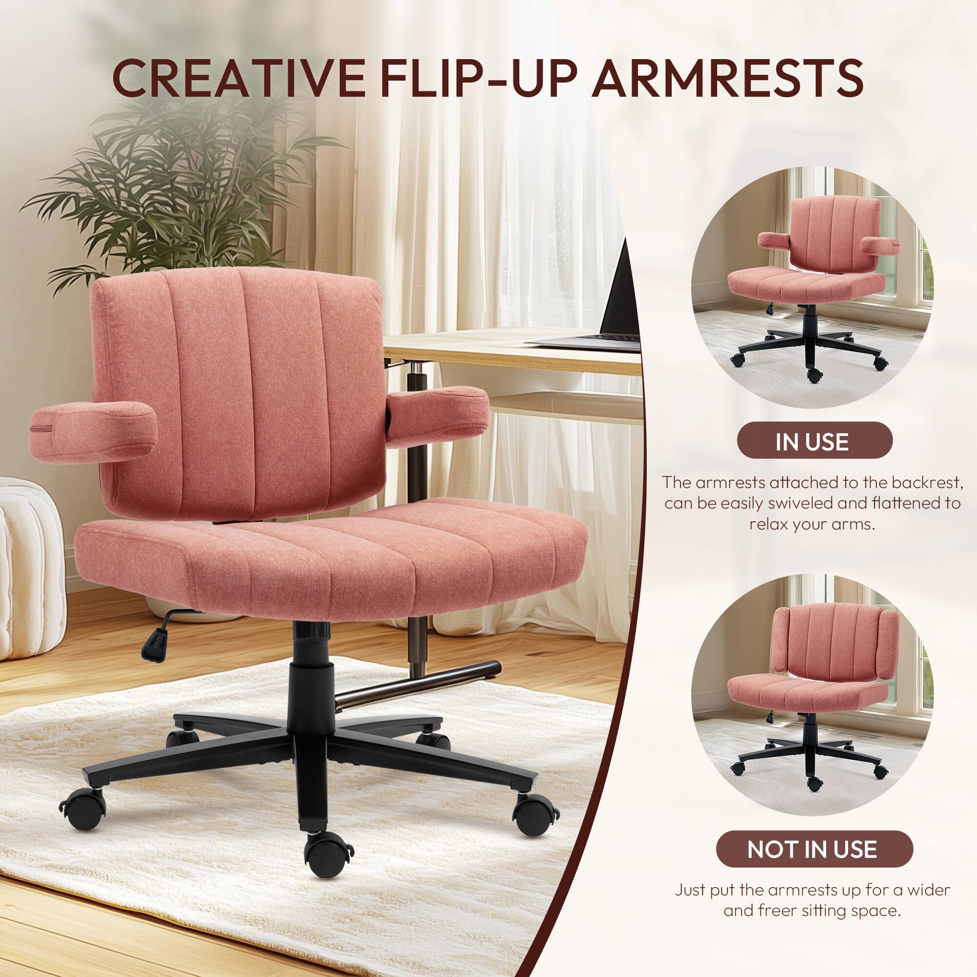 **CREATIVE FLIP-UP ARMRESTS**

**IN USE**  
The armrests attached to the backrest can be easily swiveled and flattened to relax your arms.

**NOT IN USE**  
Just put the armrests up for a wider and freer sitting space.