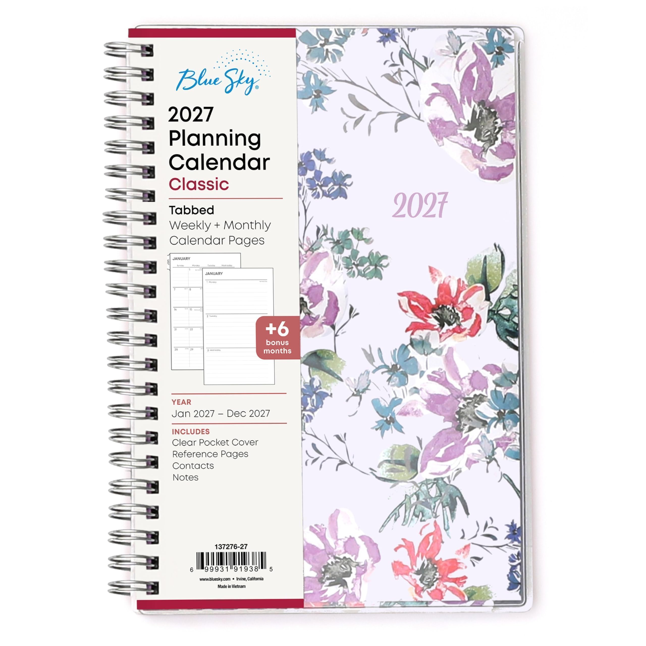 Blue Sky 2027 Planning Calendar Classic  
Tabbed Weekly + Monthly Calendar Pages  
2027  
JANUARY  
+6 bonus months  
YEAR Jan 2027 - Dec 2027  
INCLUDES Clear Pocket Cover Reference Pages Contacts Notes  
137276-27  
6 99931 91938 5 www.bluesky.com  
Made in Vietnam
