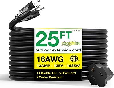 137258K FT 25 GOGREEN outdoor extension cord 16AWG ETL US 13AMP 125V 1625W  
Flexible 16/3 SJTW Cord Water Resistant