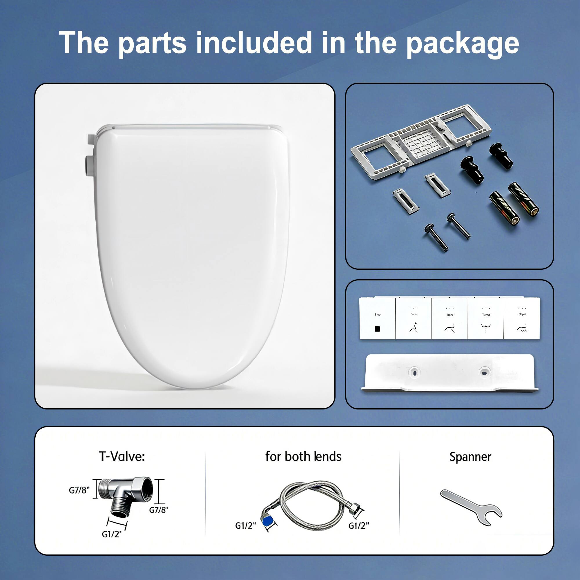 The parts included in the package:

- T-Valve: G7/8", G1/2", G1/2"
- for both lends
- Spanner