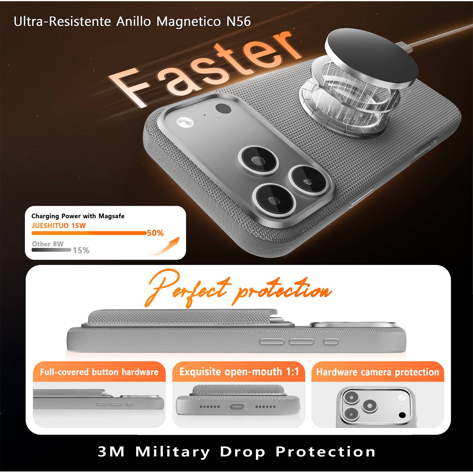 Ultra-Resistente Anillo Magnético N56

Faster Charging Power with Magsafe  
JUESHITUO 15W  
50%  
Other 8W  
15%

Perfect protection

Full-covered button hardware  
Exquisite open-mouth 1:1  
Hardware camera protection

3M Military Drop Protection