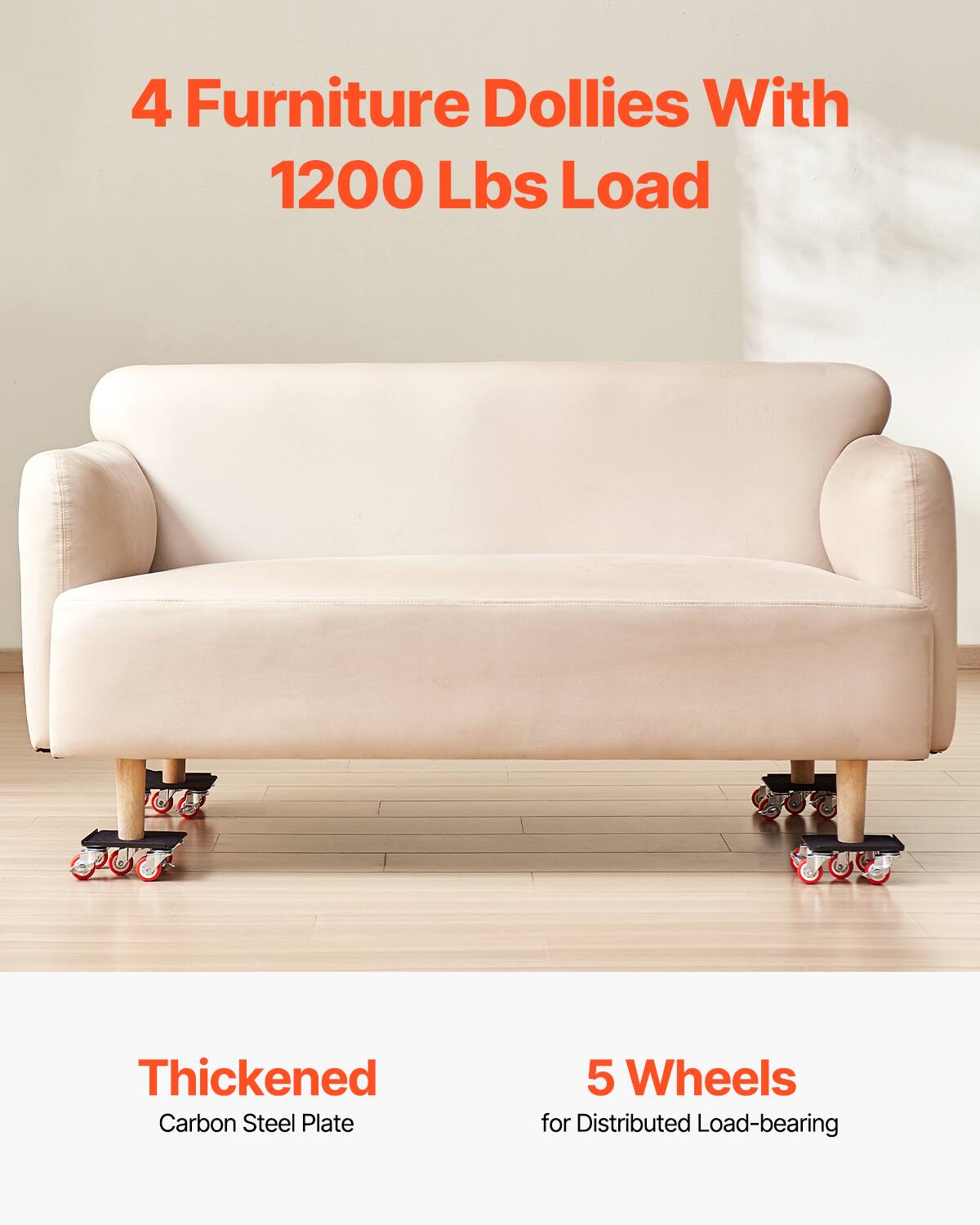 4 Furniture Dollies With 1200 Lbs Load

Thickened Carbon Steel Plate

5 Wheels for Distributed Load-bearing