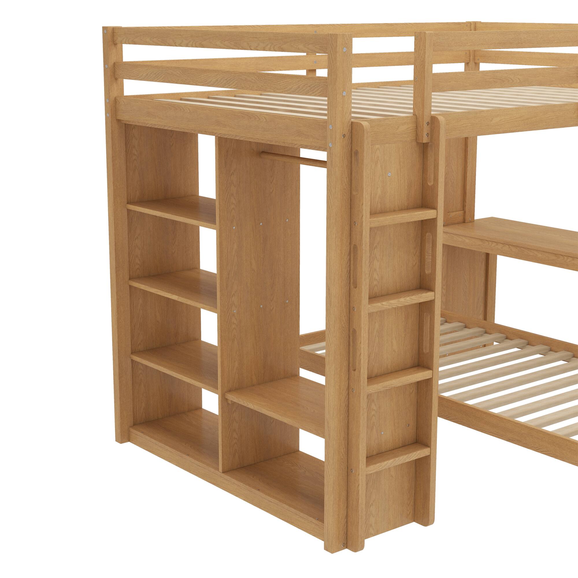 Alt View 4. TinyHomie - Natural Solid Wood Queen Over Twin Bunk Bed Dismountable Desk Shelves Wardrobe - white.